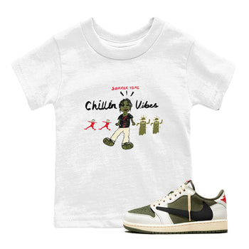 1s Travis Scott Medium Olive shirts to match jordans Chillin Vibes sneaker match tees Air Jordan 1 Travis Scott Medium Olive SNRT Sneaker Release Tees Youth Baby White 1 crew neck shirts