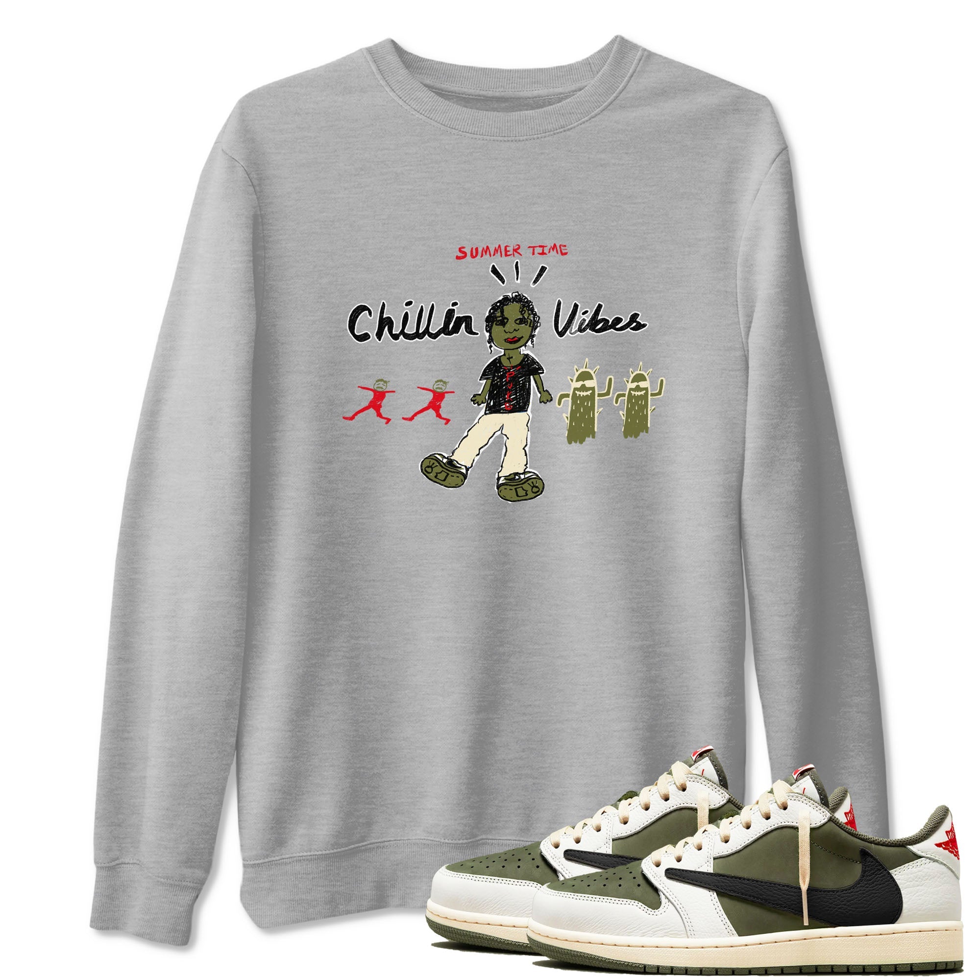 1s Travis Scott Medium Olive shirts to match jordans Chillin Vibes sneaker match tees Air Jordan 1 Travis Scott Medium Olive SNRT Sneaker Release Tees unisex cotton Heather Grey 1 crew neck shirts