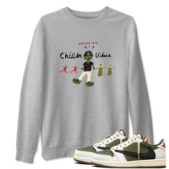 1s Travis Scott Medium Olive shirts to match jordans Chillin Vibes sneaker match tees Air Jordan 1 Travis Scott Medium Olive SNRT Sneaker Release Tees unisex cotton Heather Grey 1 crew neck shirts