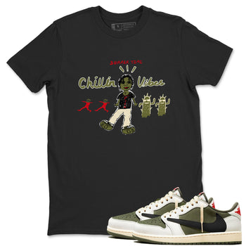 1s Travis Scott Medium Olive shirts to match jordans Chillin Vibes sneaker match tees Air Jordan 1 Travis Scott Medium Olive SNRT Sneaker Release Tees unisex cotton Black 1 crew neck shirts