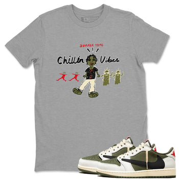 1s Travis Scott Medium Olive shirts to match jordans Chillin Vibes sneaker match tees Air Jordan 1 Travis Scott Medium Olive SNRT Sneaker Release Tees unisex cotton Heather Grey 1 crew neck shirts