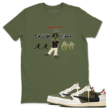 1s Travis Scott Medium Olive shirts to match jordans Chillin Vibes sneaker match tees Air Jordan 1 Travis Scott Medium Olive SNRT Sneaker Release Tees unisex cotton Military Green 1 crew neck shirts