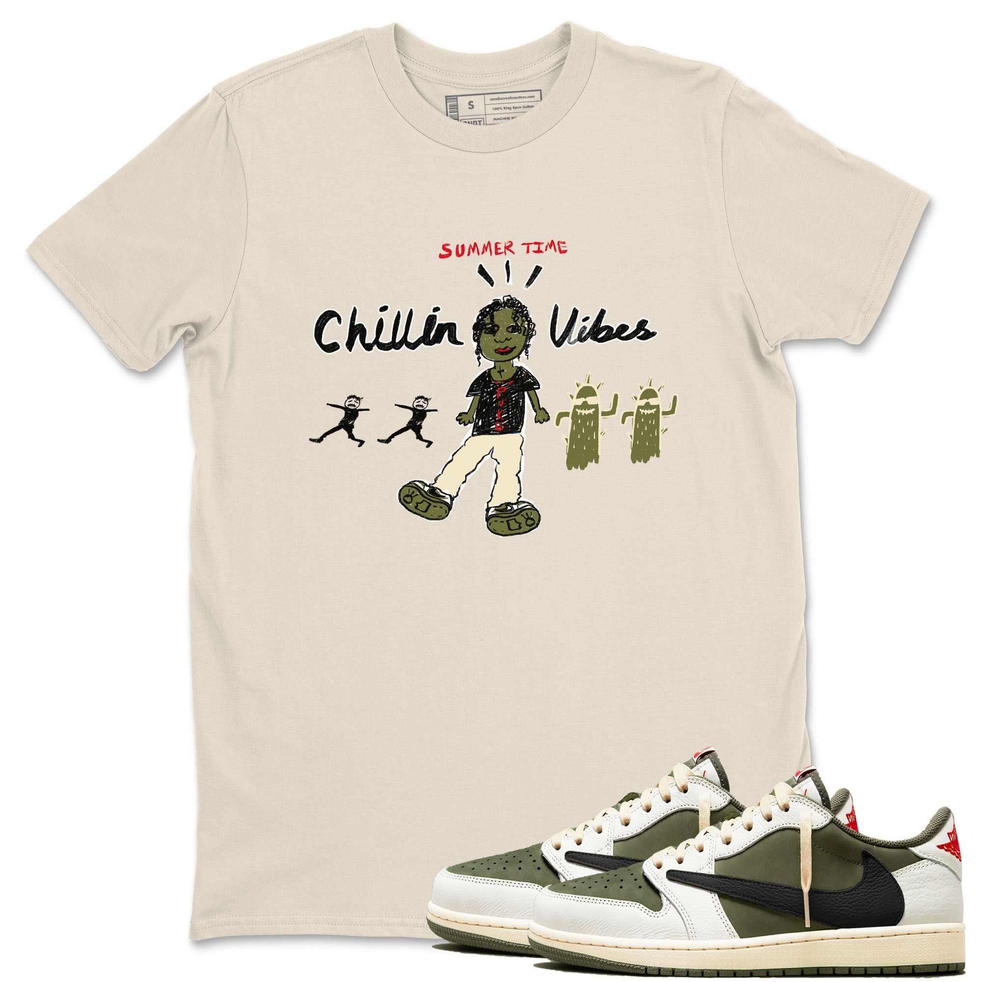1s Travis Scott Medium Olive shirts to match jordans Chillin Vibes sneaker match tees Air Jordan 1 Travis Scott Medium Olive SNRT Sneaker Release Tees unisex cotton Natural 1 crew neck shirts