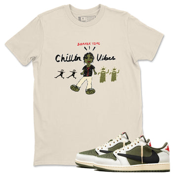 1s Travis Scott Medium Olive shirts to match jordans Chillin Vibes sneaker match tees Air Jordan 1 Travis Scott Medium Olive SNRT Sneaker Release Tees unisex cotton Natural 1 crew neck shirts