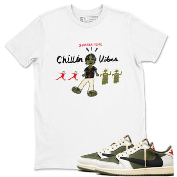 1s Travis Scott Medium Olive shirts to match jordans Chillin Vibes sneaker match tees Air Jordan 1 Travis Scott Medium Olive SNRT Sneaker Release Tees unisex cotton White 1 crew neck shirts