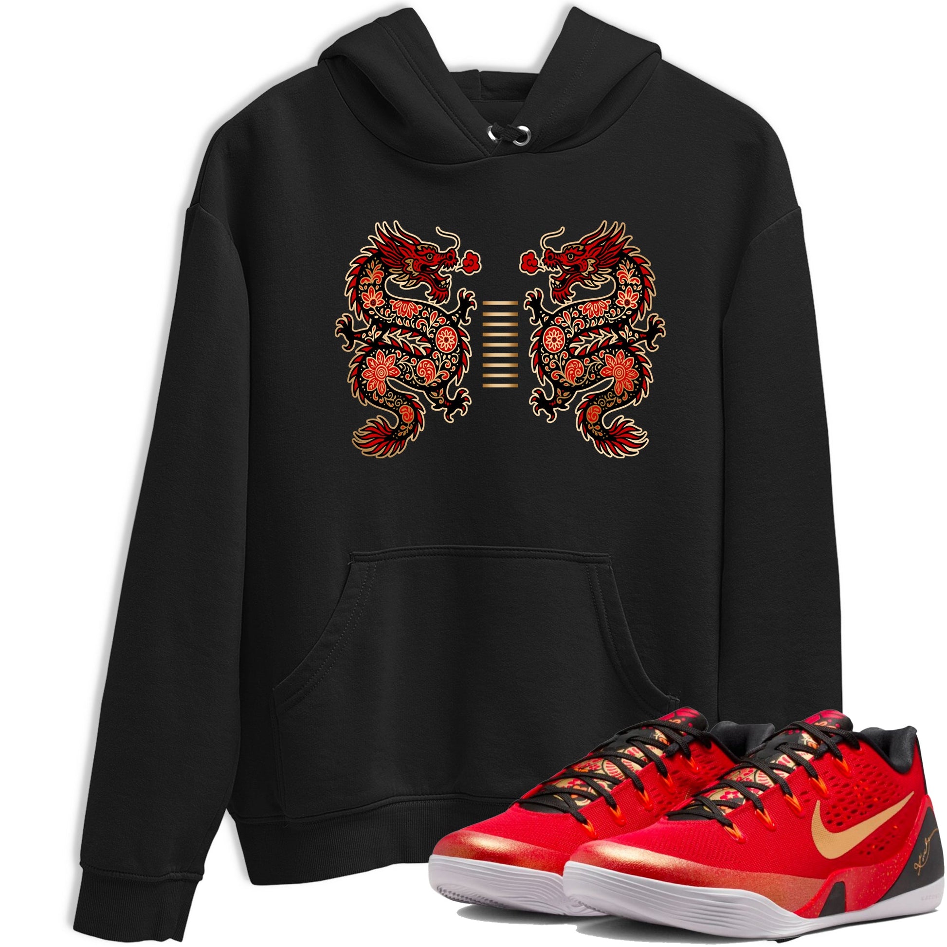 Sneaker match tees – Sneaker Tees To Match Nike KB 9 China Kobe 9 Low Proto EM University Red and Metallic Gold Shoes – Chinese Dragon Tee Black 1