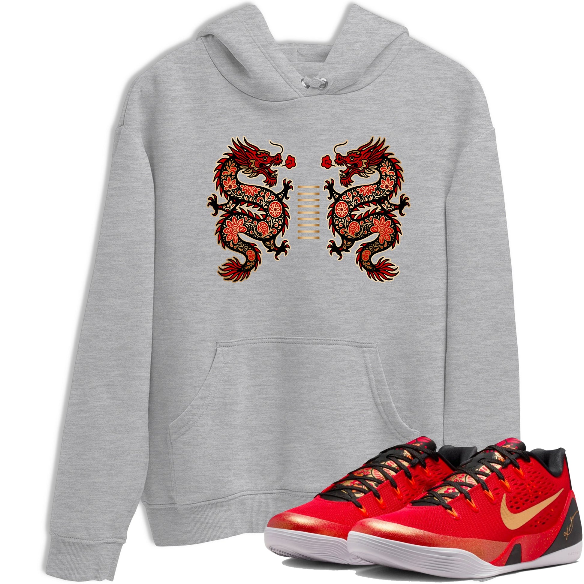 Sneaker match tees – Sneaker Tees To Match Nike KB 9 China Kobe 9 Low Proto EM University Red and Metallic Gold Shoes – Chinese Dragon Tee Heather Grey 1