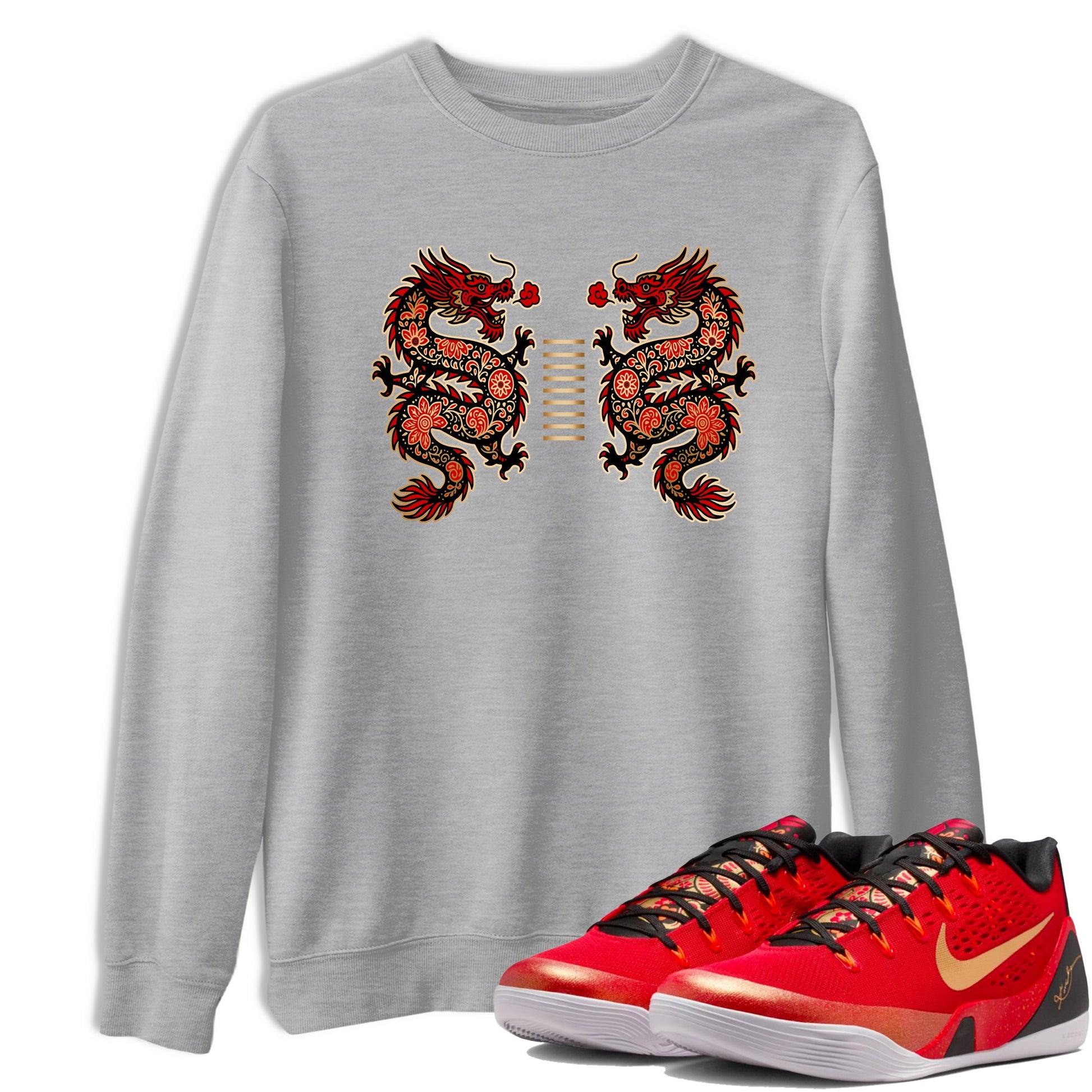 Sneaker match tees – Sneaker Tees To Match Nike KB 9 China Kobe 9 Low Proto EM University Red and Metallic Gold Shoes – Chinese Dragon Tee Heather Grey 1