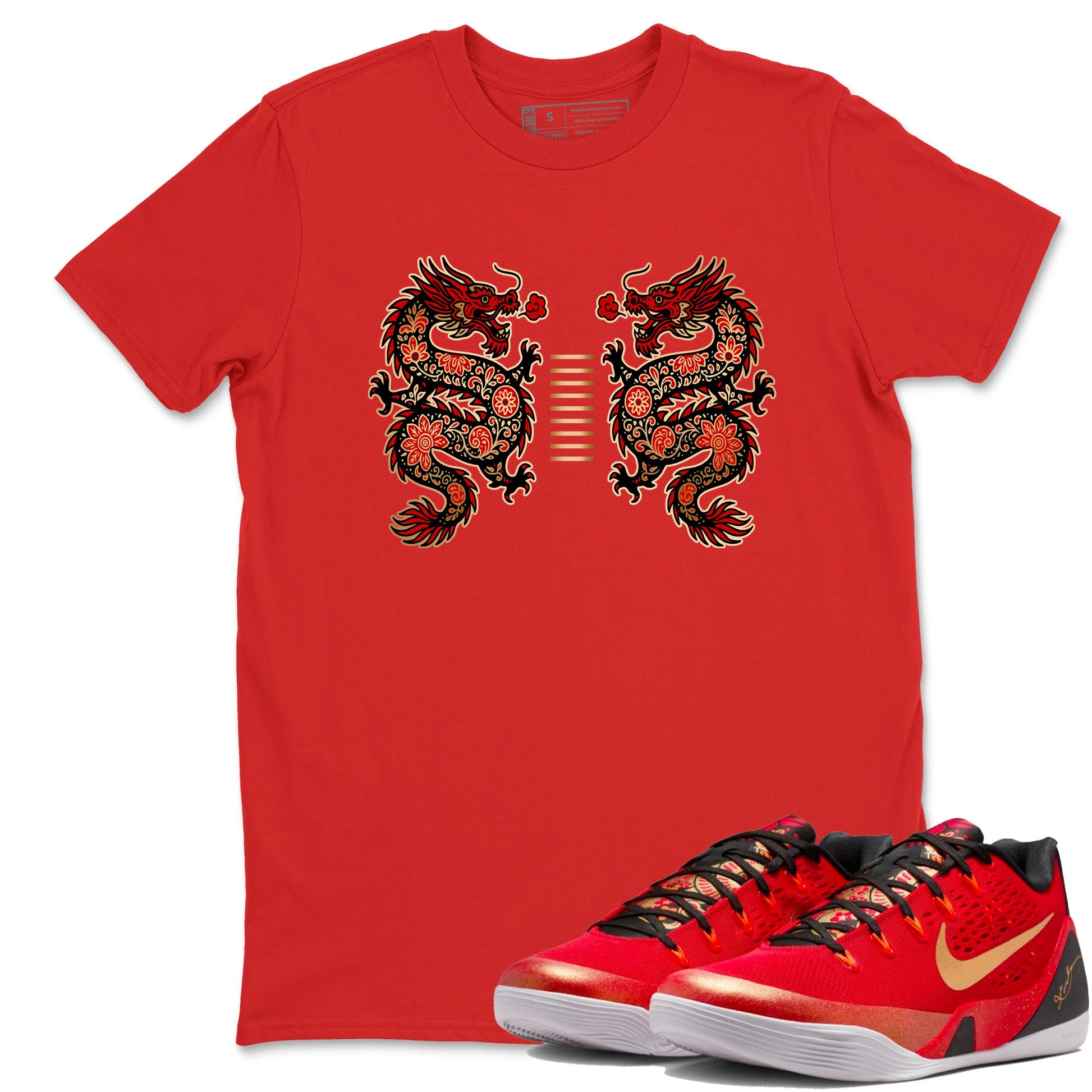 Sneaker match tees – Sneaker Tees To Match Nike KB 9 China Kobe 9 Low Proto EM University Red and Metallic Gold Shoes – Chinese Dragon Tee Red 1