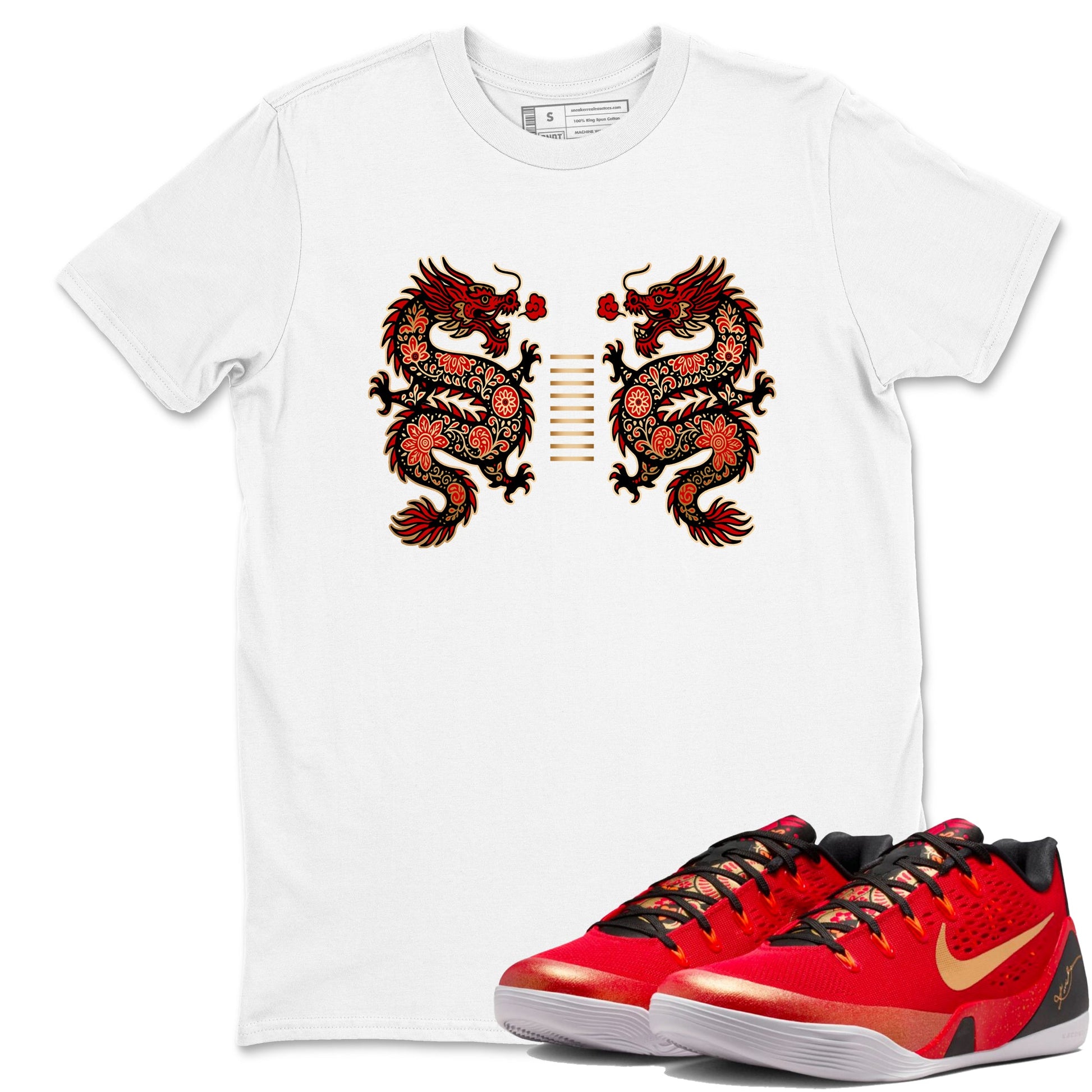 Sneaker match tees – Sneaker Tees To Match Nike KB 9 China Kobe 9 Low Proto EM University Red and Metallic Gold Shoes – Chinese Dragon Tee White 1