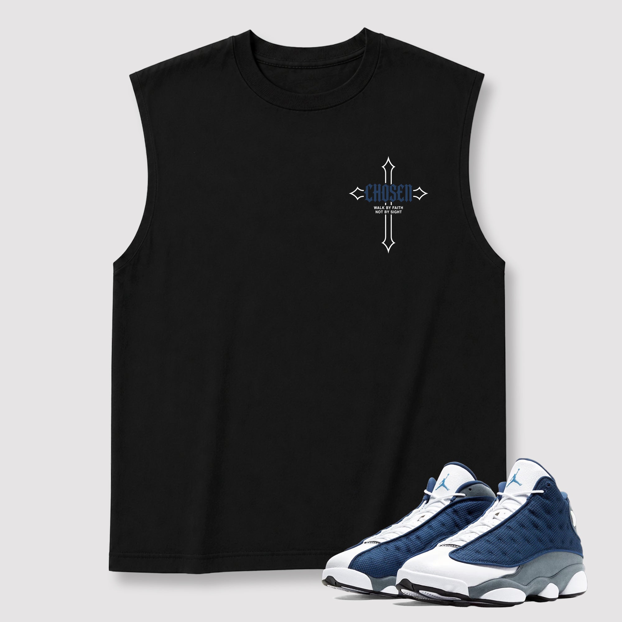 Chosen Cross men's graphic muscle t-shirt designed to match the Air Jordan 13 Flint, featuring coordinated Black 2 graphics for the perfect streetwear look.