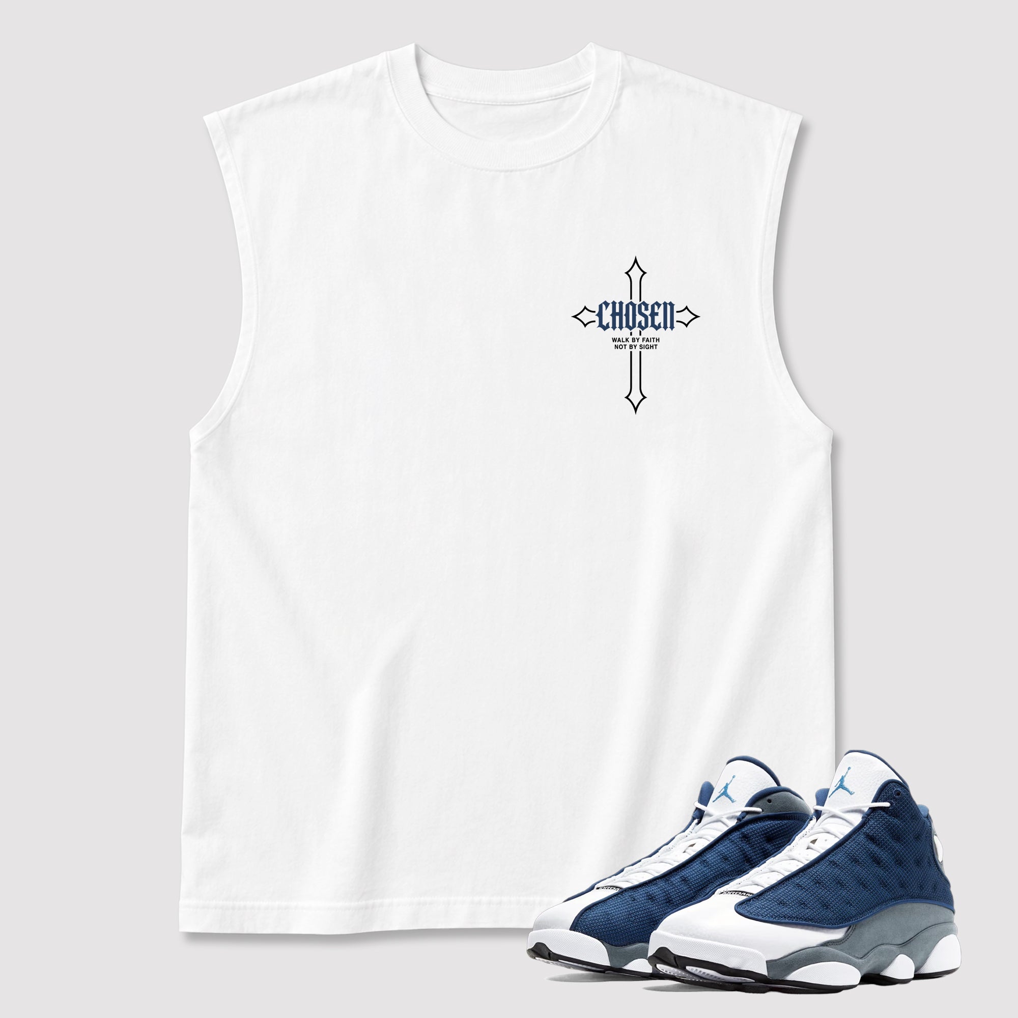 Chosen Cross men's graphic muscle t-shirt designed to match the Air Jordan 13 Flint, featuring coordinated White 2 graphics for the perfect streetwear look.