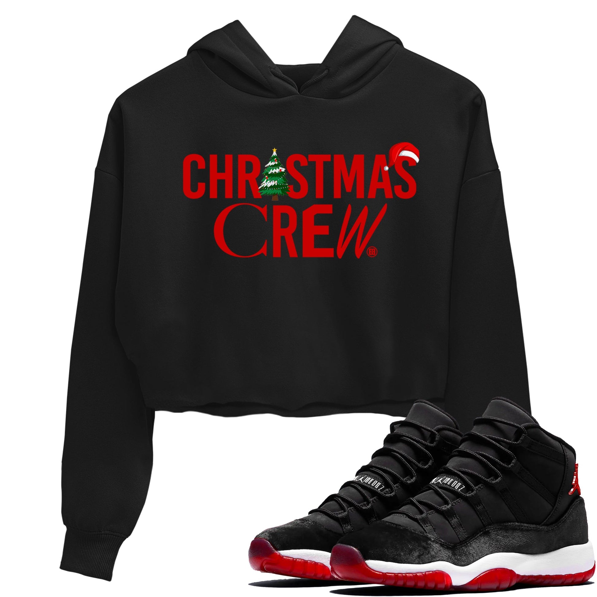 11s WMNS Bred Velvet t-shirts to match sneakers Holiday Christmas Crew sneaker match tees Air Jordan 11 Bred Velvet match shoes to clothes SNRT Sneaker Tees unisex cotton Black 1 crop tee