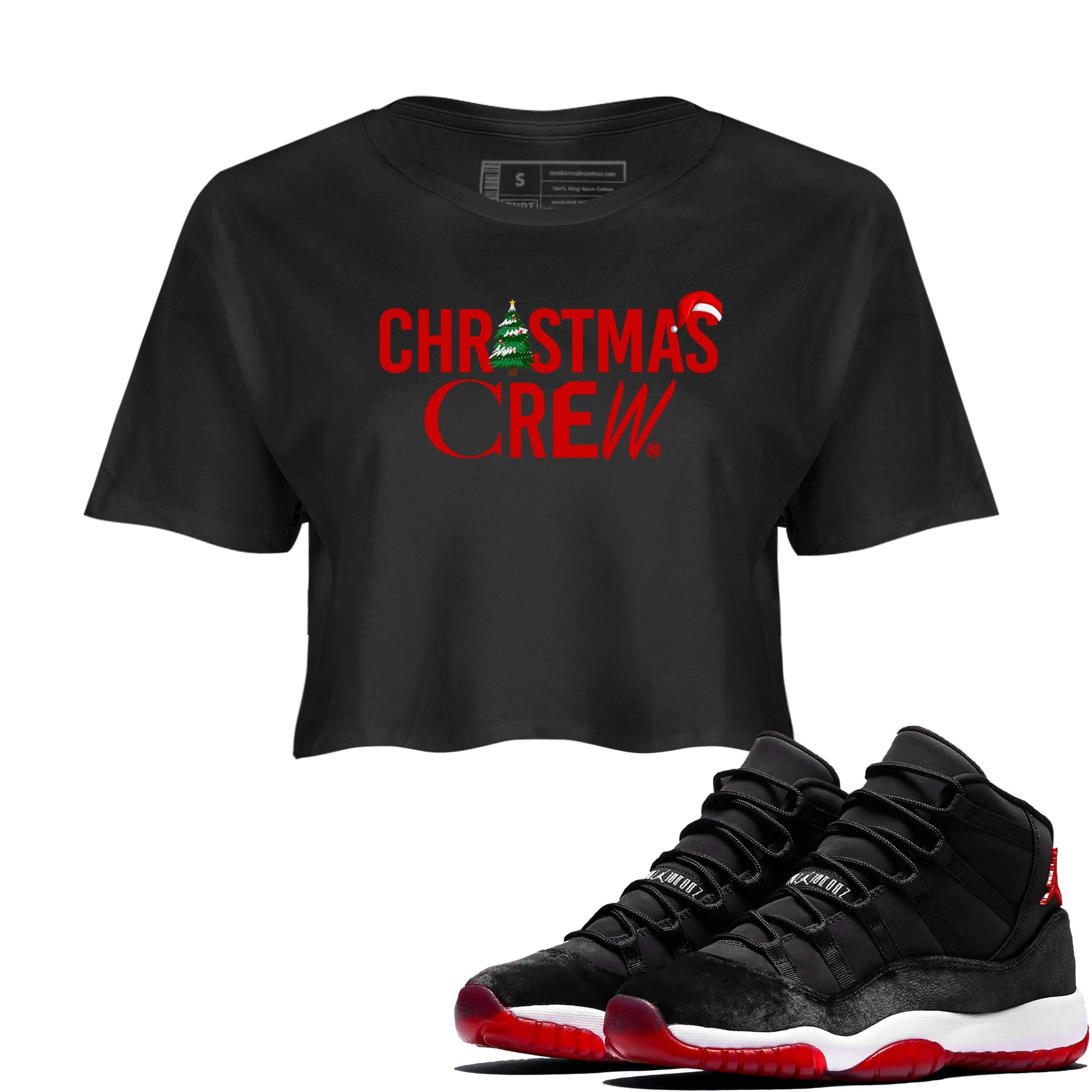 11s WMNS Bred Velvet t-shirts to match sneakers Holiday Christmas Crew sneaker match tees Air Jordan 11 Bred Velvet match shoes to clothes SNRT Sneaker Tees unisex cotton Black 1 crop tee