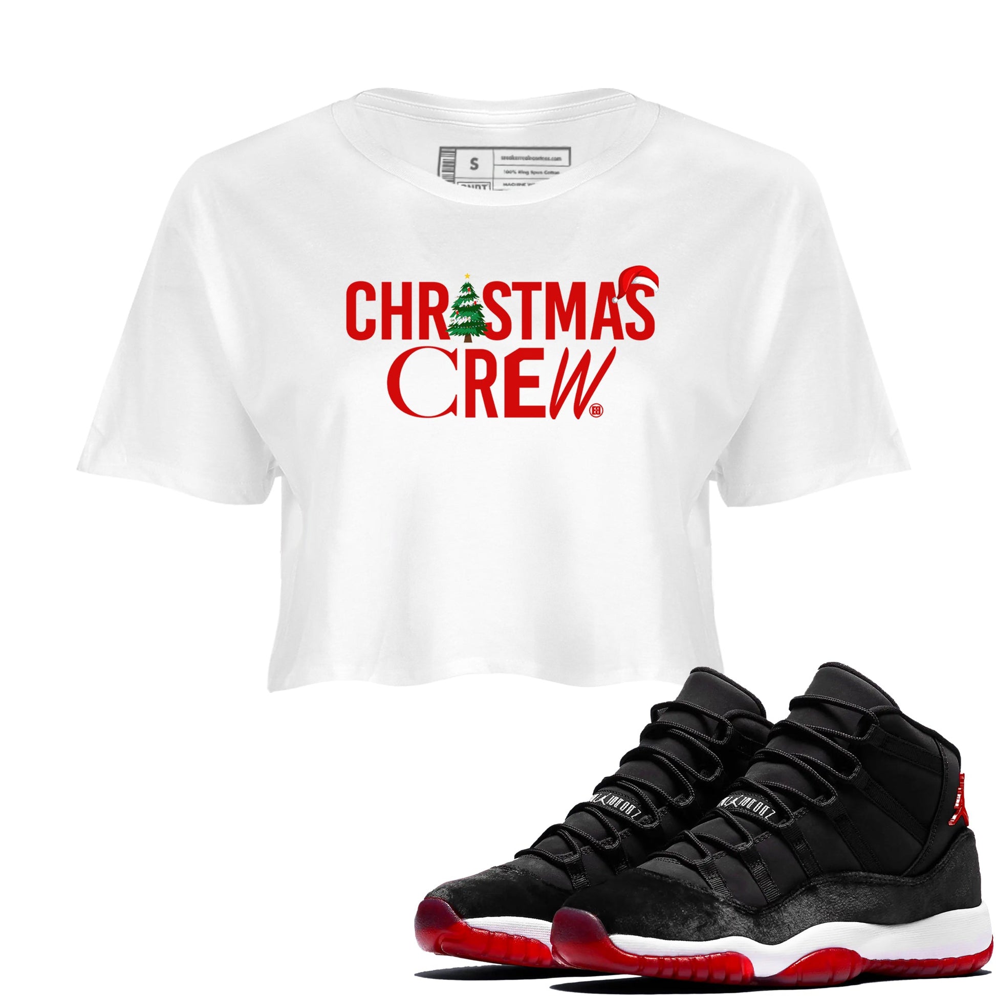 11s WMNS Bred Velvet t-shirts to match sneakers Holiday Christmas Crew sneaker match tees Air Jordan 11 Bred Velvet match shoes to clothes SNRT Sneaker Tees unisex cotton White 1 crop tee