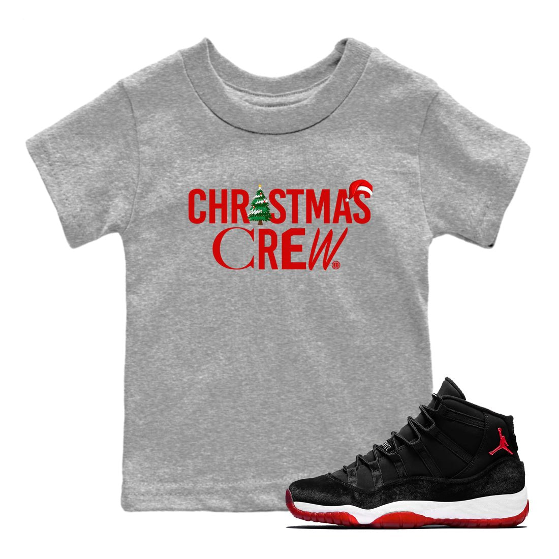 11s WMNS Bred Velvet t-shirts to match sneakers Holiday Christmas Crew sneaker match tees Air Jordan 11 Bred Velvet match shoes to clothes SNRT Sneaker Tees Youth Baby Heather Grey 1 tee