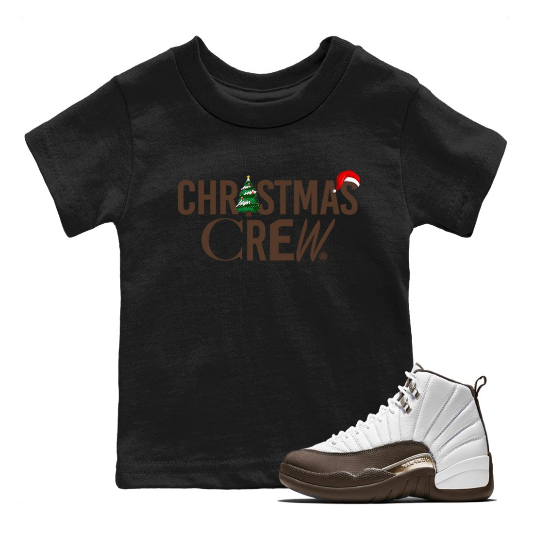 12s Baroque Brown t-shirts to match sneakers Holiday Christmas Crew sneaker match tees Air Jordan 12 Baroque Brown match shoes to clothes SNRT Sneaker Tees Youth Baby Black 1 tee