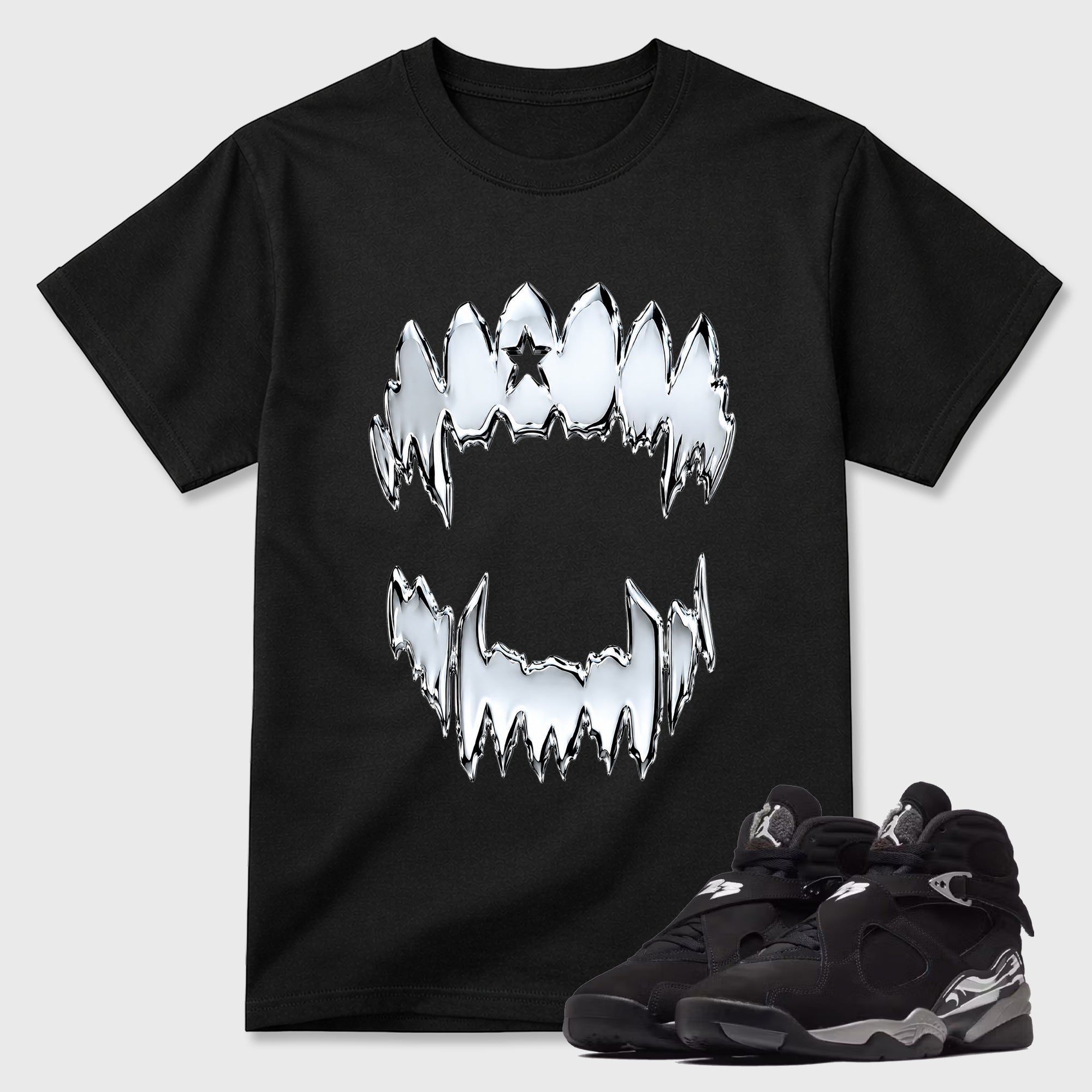 Chrome Grill Graphic T-Shirt featuring original streetwear artwork designed to match the Air Jordan 8 Chrome. Black 1 Graphic T-Shirt.