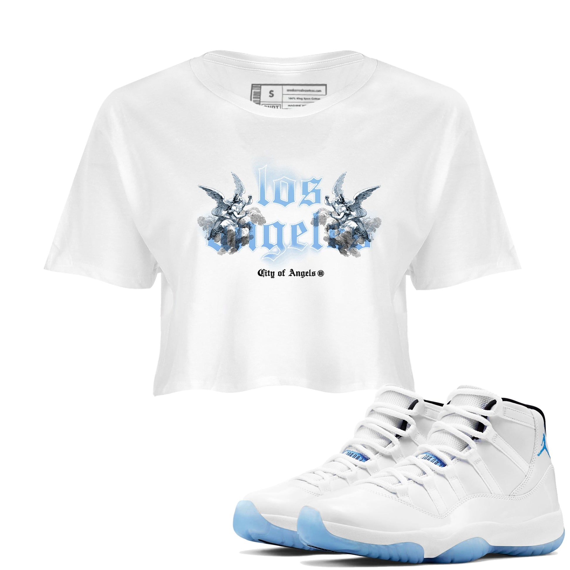 Air Jordan 11s Legend Blue shirts to match jordans City Of Angeles sneaker match tees Air Jordan 11 Retro Legend Blue match shoes to clothes SNRT Sneaker Tees unisex cotton White 1 crop tee