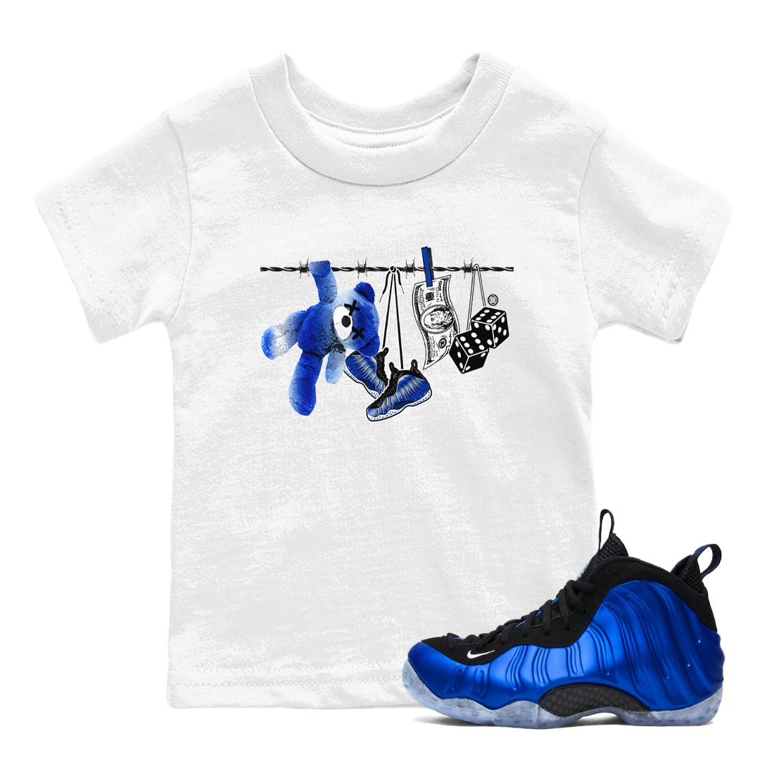 Air Foamposite One Royal shirts to match jordans Clothesline sneaker match tees Foams One Royal match shoes to clothes SNRT Sneaker Tees Youth Baby White 1 tee