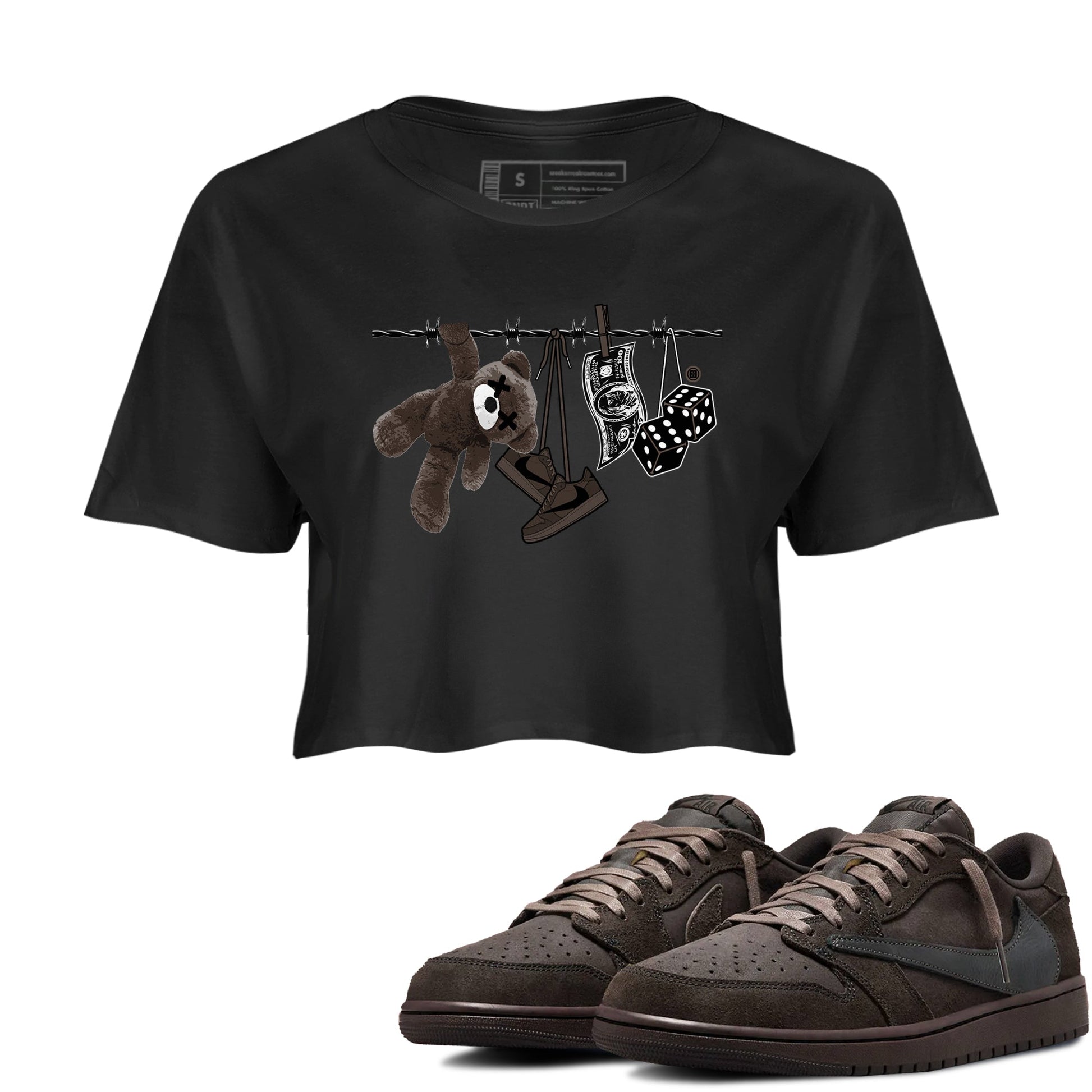 1s Travis Scott Velvet Brown shirts to match jordans Clothesline best t shirts to wear with jordans Travis Scott x Air Jordan 1 Low OG Velvet Brown match shoes to clothes SNRT Sneaker Tees unisex cotton Black 1 crop tee