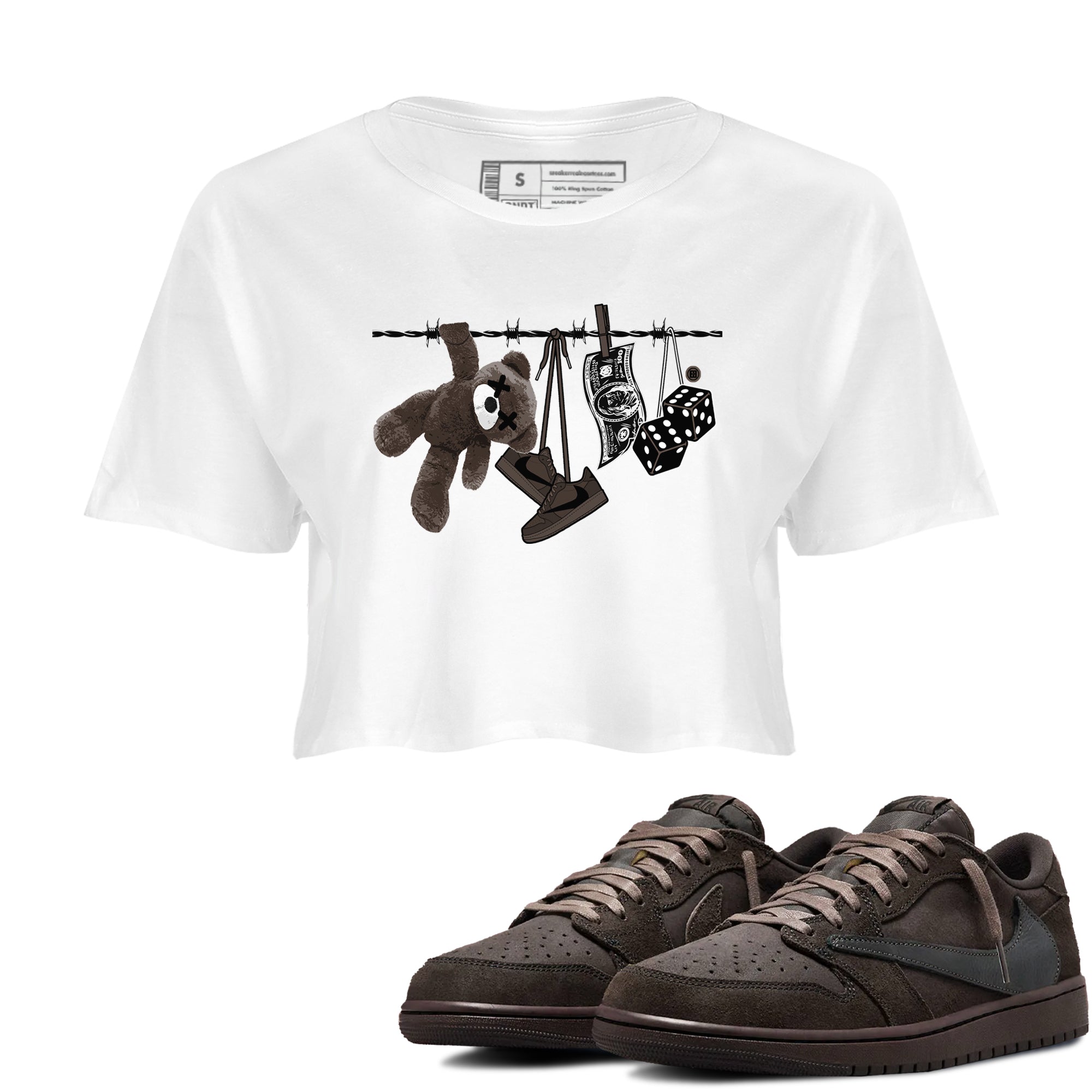 1s Travis Scott Velvet Brown shirts to match jordans Clothesline best t shirts to wear with jordans Travis Scott x Air Jordan 1 Low OG Velvet Brown match shoes to clothes SNRT Sneaker Tees unisex cotton White 1 crop tee