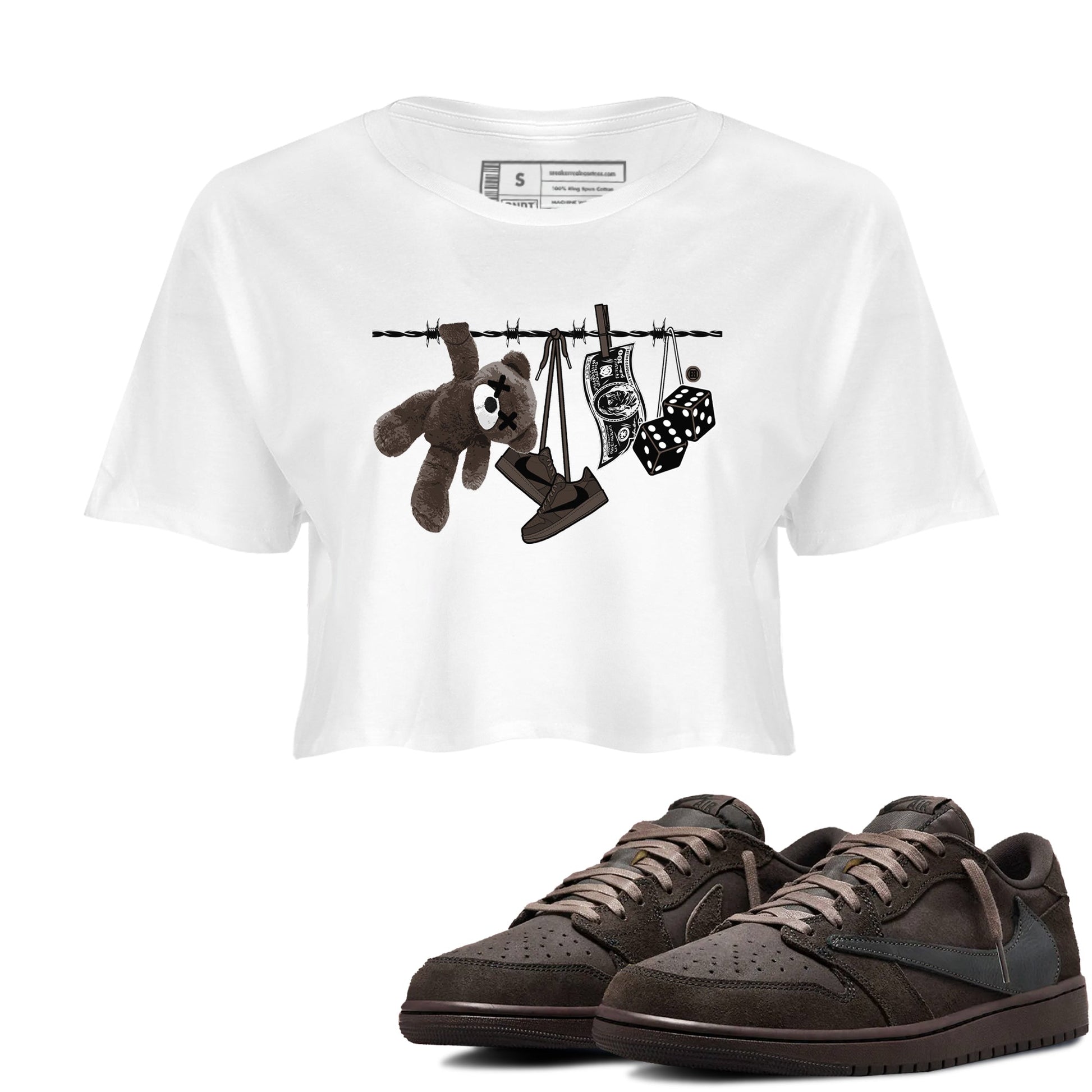 1s Travis Scott Velvet Brown shirts to match jordans Clothesline best t shirts to wear with jordans Travis Scott x Air Jordan 1 Low OG Velvet Brown match shoes to clothes SNRT Sneaker Tees unisex cotton White 1 crop tee