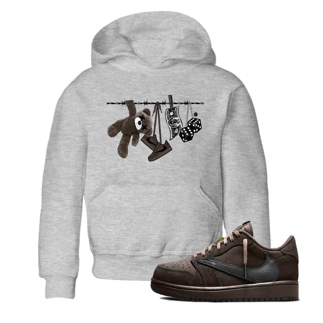 1s Travis Scott Velvet Brown shirts to match jordans Clothesline best t shirts to wear with jordans Travis Scott x Air Jordan 1 Low OG Velvet Brown match shoes to clothes SNRT Sneaker Tees Youth Baby Heather Grey 1 tee