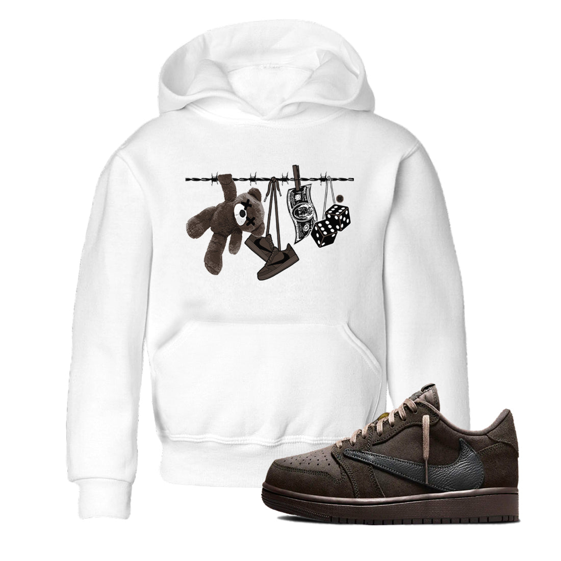 1s Travis Scott Velvet Brown shirts to match jordans Clothesline best t shirts to wear with jordans Travis Scott x Air Jordan 1 Low OG Velvet Brown match shoes to clothes SNRT Sneaker Tees Youth Baby White 1 tee