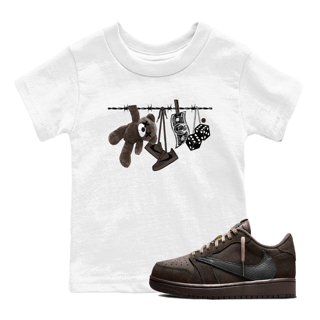 1s Travis Scott Velvet Brown shirts to match jordans Clothesline best t shirts to wear with jordans Travis Scott x Air Jordan 1 Low OG Velvet Brown match shoes to clothes SNRT Sneaker Tees Youth Baby White 1 tee