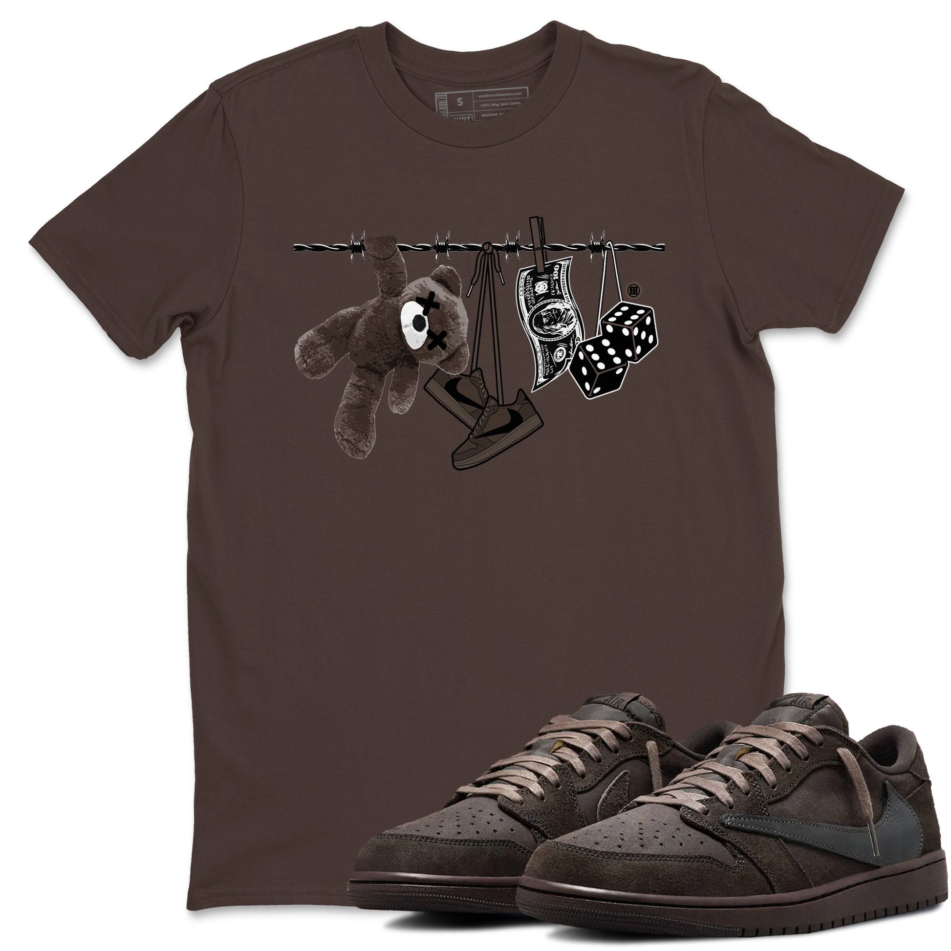 1s Travis Scott Velvet Brown shirts to match jordans Clothesline best t shirts to wear with jordans Travis Scott x Air Jordan 1 Low OG Velvet Brown match shoes to clothes SNRT Sneaker Tees unisex cotton Dark Chocolate 1 shirts