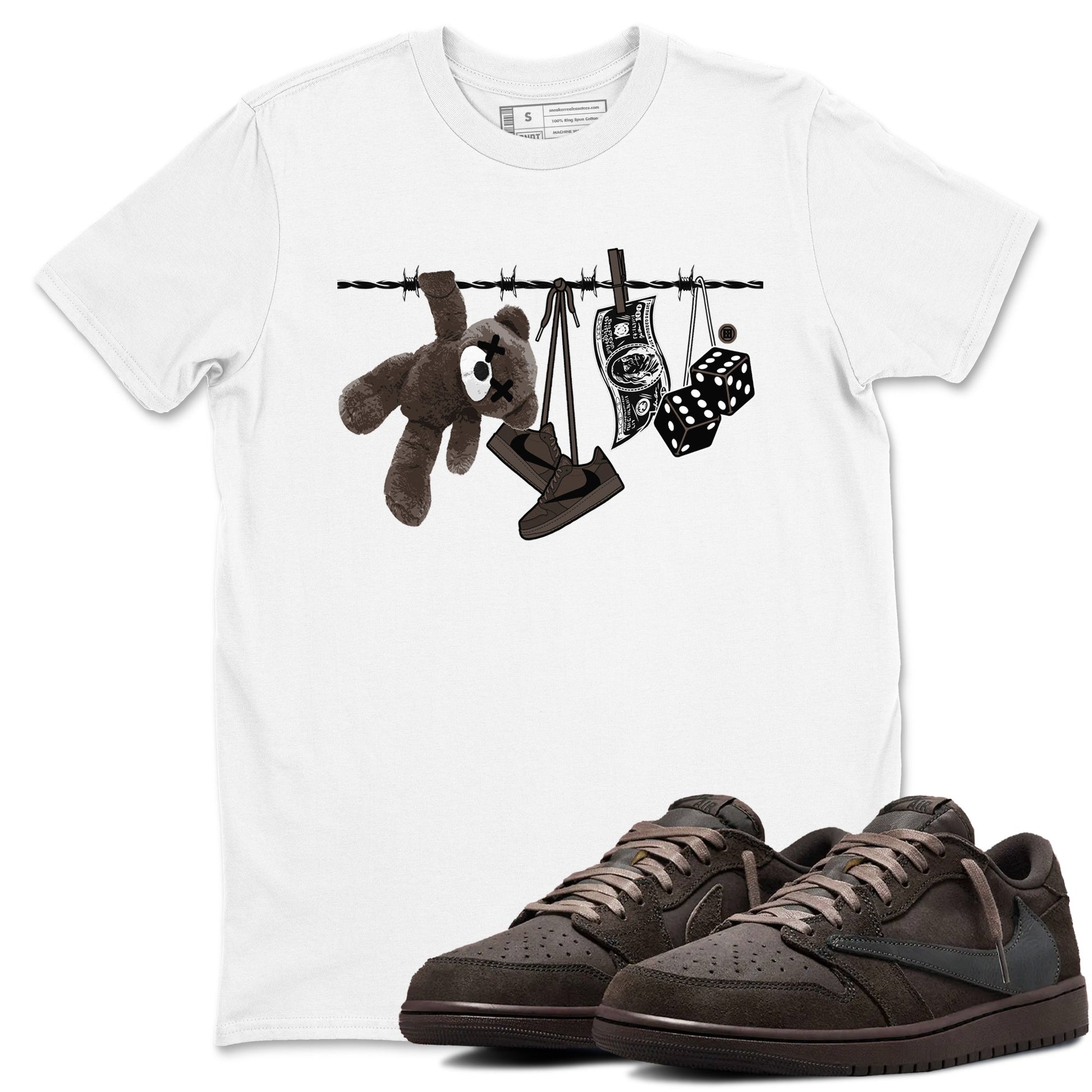 1s Travis Scott Velvet Brown shirts to match jordans Clothesline best t shirts to wear with jordans Travis Scott x Air Jordan 1 Low OG Velvet Brown match shoes to clothes SNRT Sneaker Tees unisex cotton White 1 shirts