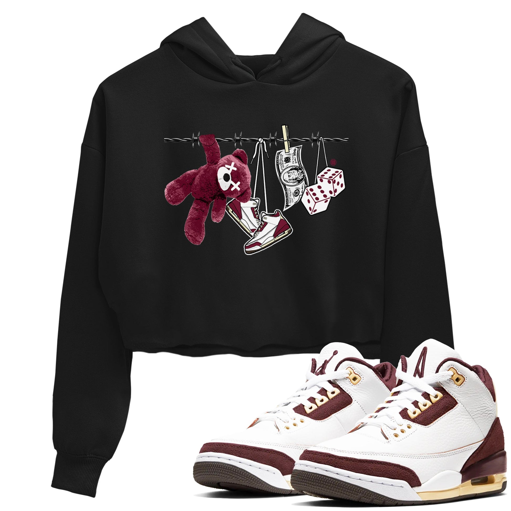 3s A Ma Maniere x Burgundy Crush shirts to match jordans Clothesline sneaker match teesA Ma Maniére x Air Jordan 3 "Burgundy Crush" SNRT Sneaker Tees streetwear brand Black 1 crop tee