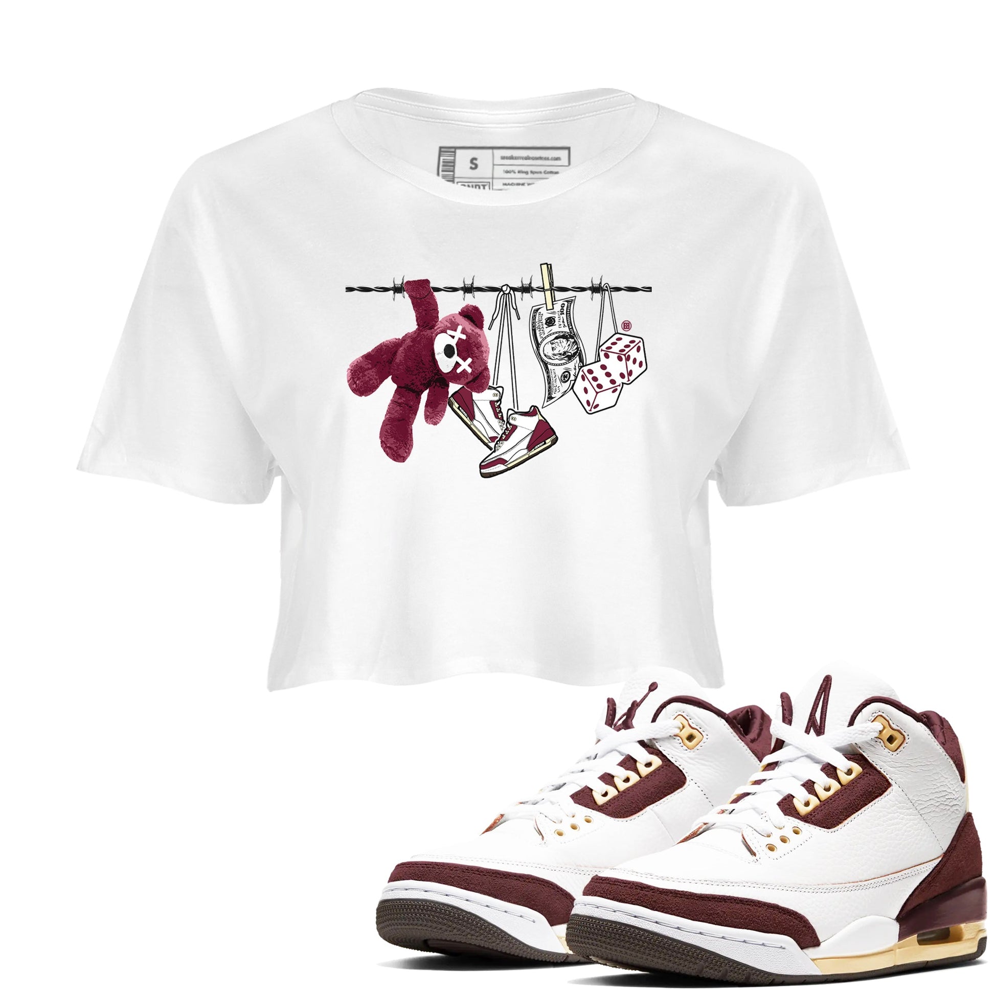 3s A Ma Maniere x Burgundy Crush shirts to match jordans Clothesline sneaker match teesA Ma Maniére x Air Jordan 3 "Burgundy Crush" SNRT Sneaker Tees streetwear brand White 1 crop tee
