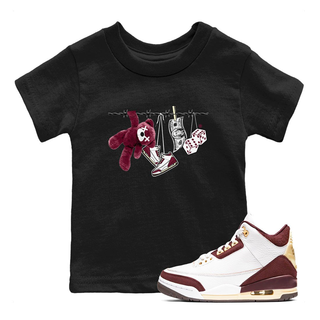 3s A Ma Maniere x Burgundy Crush shirts to match jordans Clothesline sneaker match teesA Ma Maniére x Air Jordan 3 "Burgundy Crush" SNRT Sneaker Tees streetwear brand Baby and Youth Black 1 cotton tee