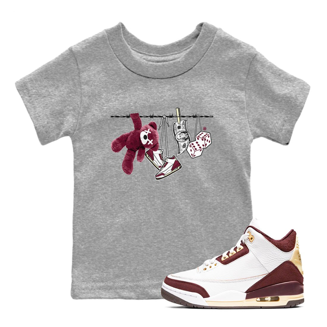 3s A Ma Maniere x Burgundy Crush shirts to match jordans Clothesline sneaker match teesA Ma Maniére x Air Jordan 3 "Burgundy Crush" SNRT Sneaker Tees streetwear brand Baby and Youth Heather Grey 1 cotton tee
