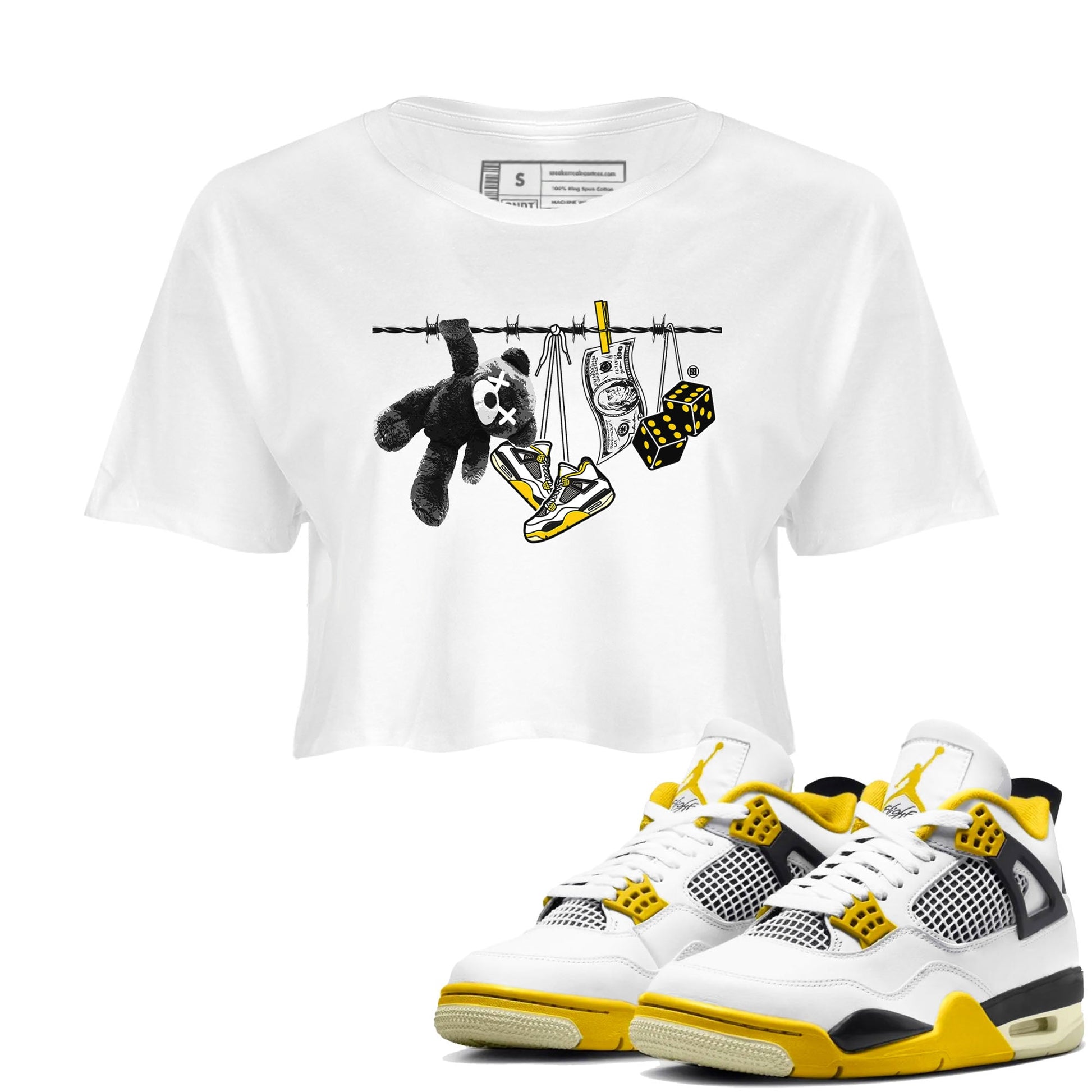 Air Jordan 4 Vivid Sulfur shirt to match jordans Clothesline sneaker tees 4s Vivid Sulfur SNRT Sneaker Release Tees White 1 crop length shirt