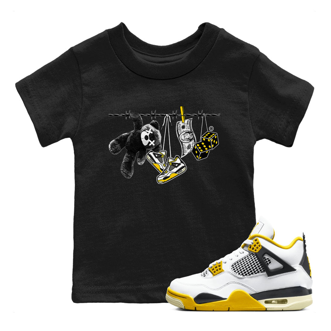 Air Jordan 4 Vivid Sulfur shirt to match jordans Clothesline sneaker tees 4s Vivid Sulfur SNRT sneaker release tees baby toddler Black 1 cotton Shirt
