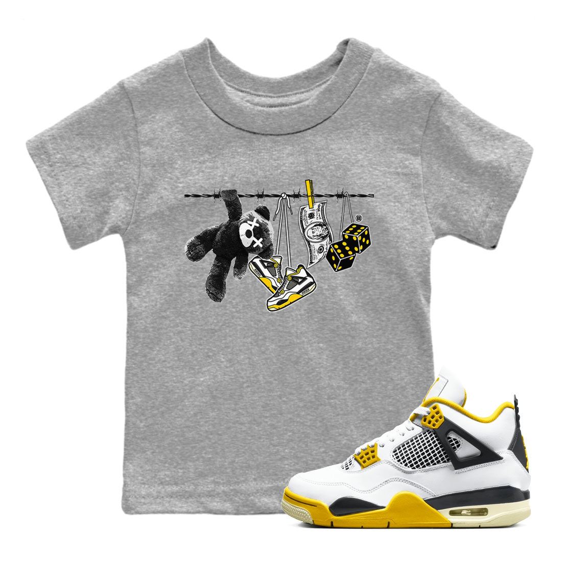 Air Jordan 4 Vivid Sulfur shirt to match jordans Clothesline sneaker tees 4s Vivid Sulfur SNRT sneaker release tees baby toddler Heather Grey 1 cotton Shirt