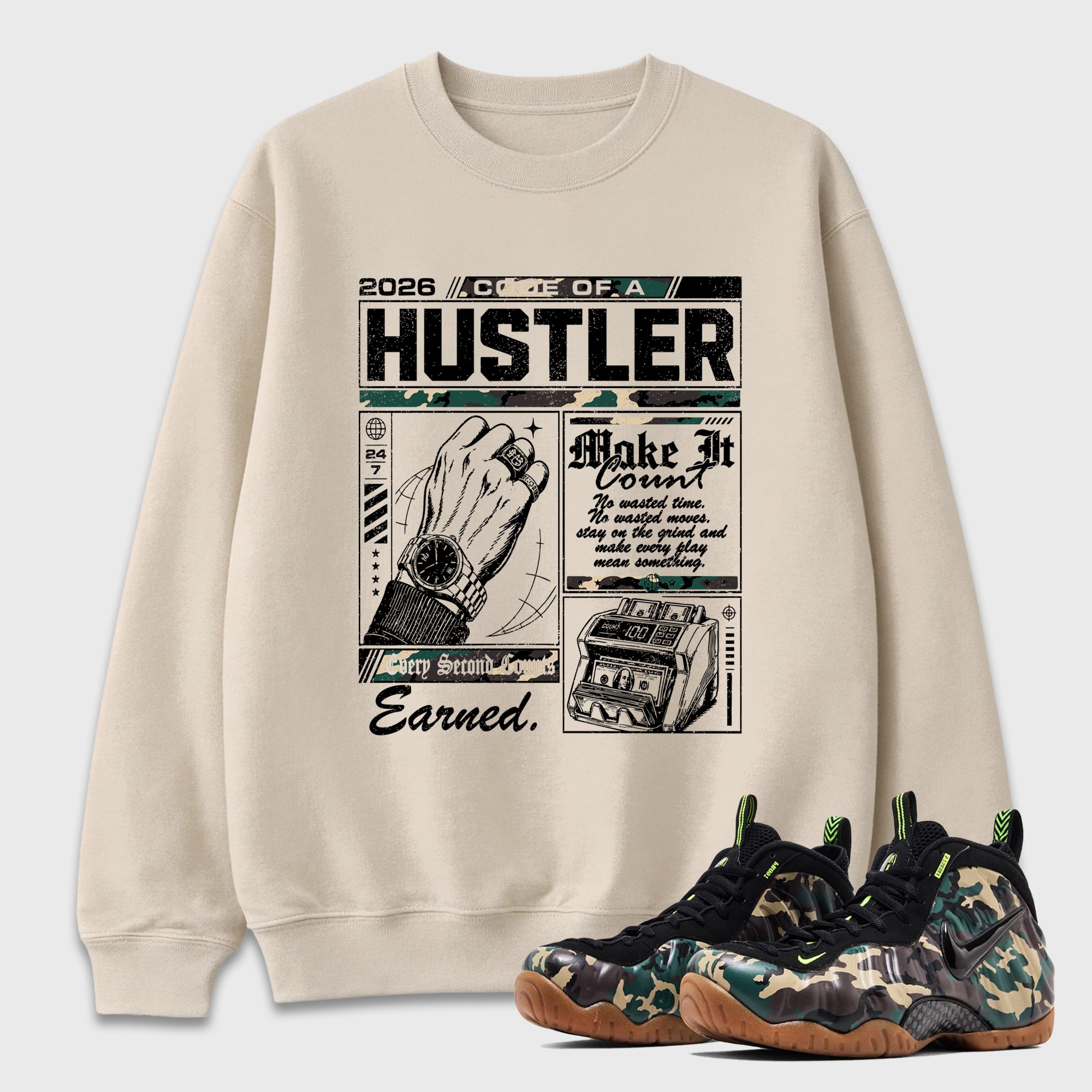 Code of a Hustler Graphic T-Shirt featuring original streetwear artwork designed to match the Air Foamposite Pro Green Camo. Natural 1 Graphic Tee.