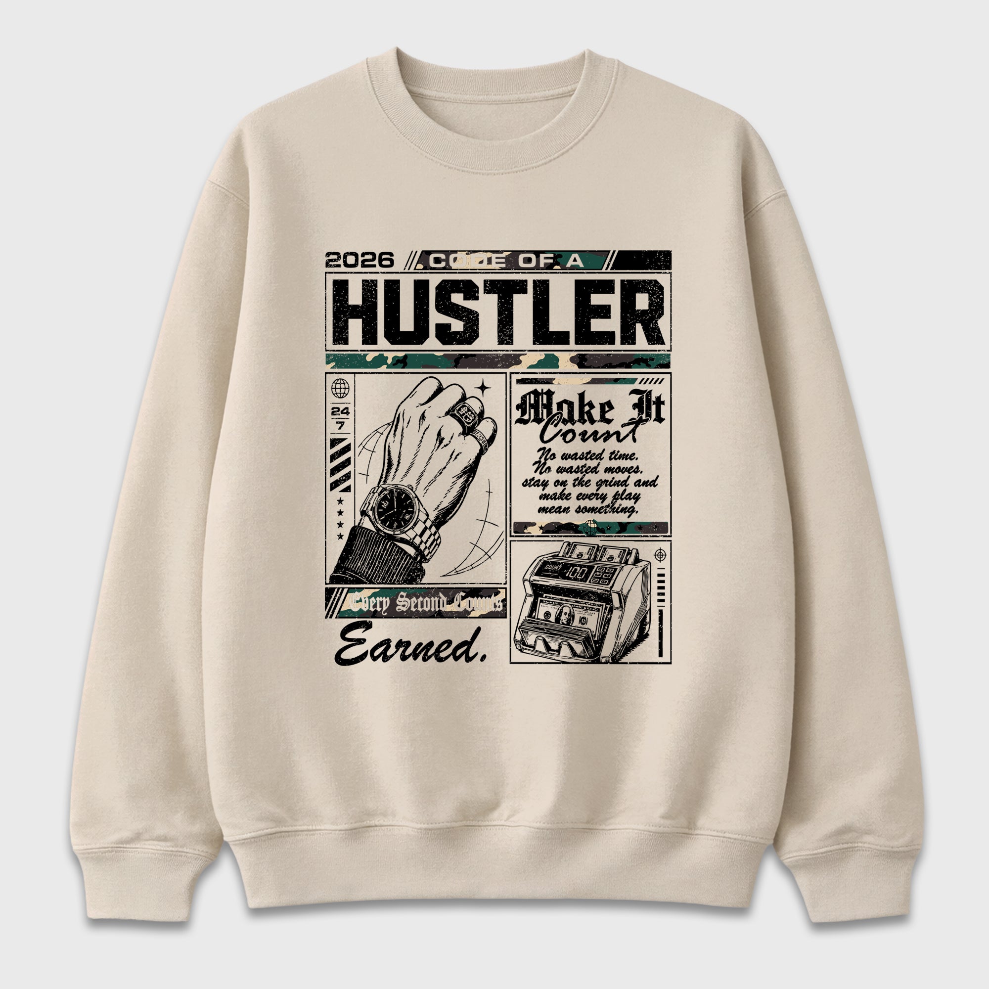 Code of a Hustler Graphic T-Shirt featuring original streetwear artwork designed to match the Air Foamposite Pro Green Camo. Natural 2 Graphic Tee.