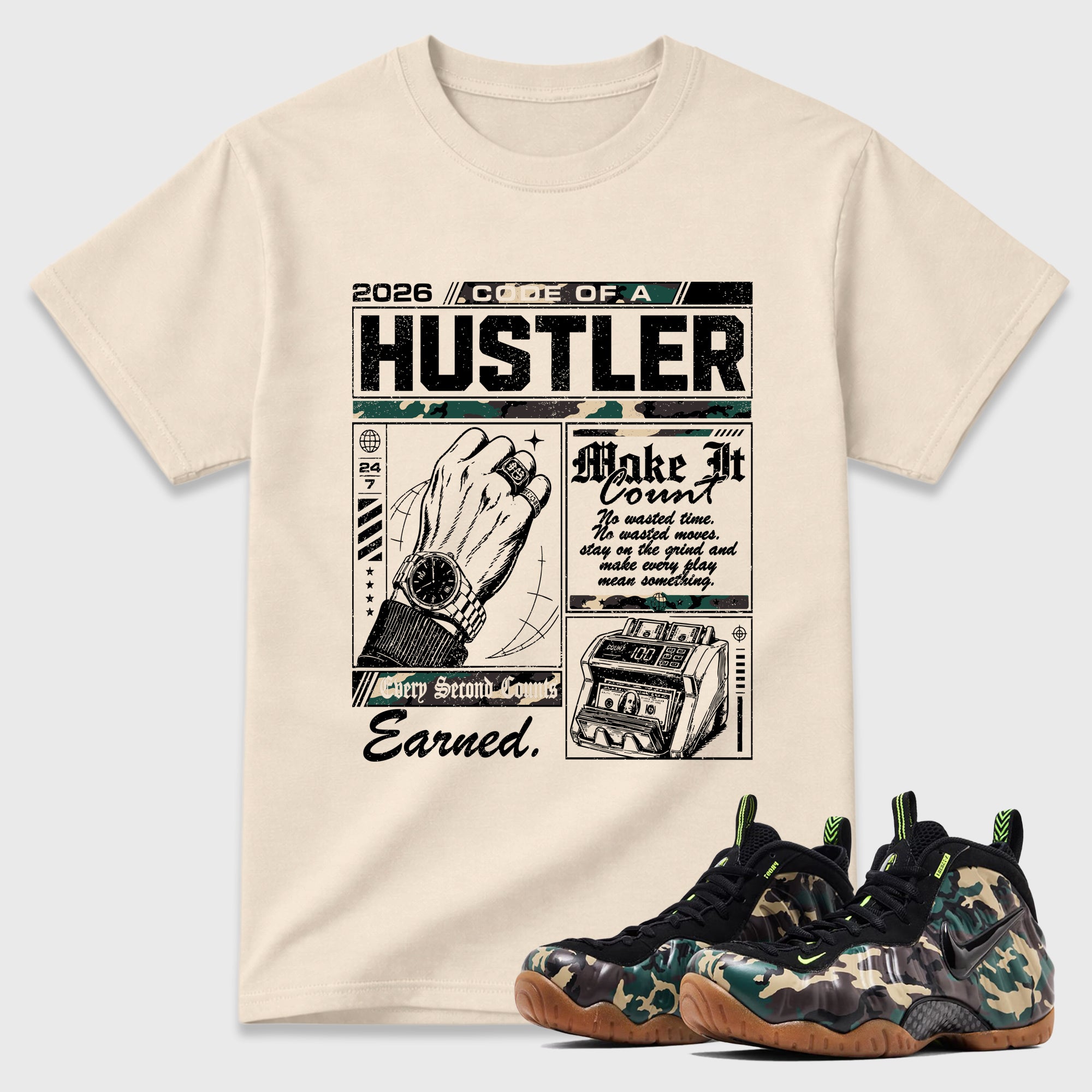 Code of a Hustler Graphic T-Shirt featuring original streetwear artwork designed to match the Air Foamposite Pro Green Camo. Natural 1 Graphic T-Shirt.
