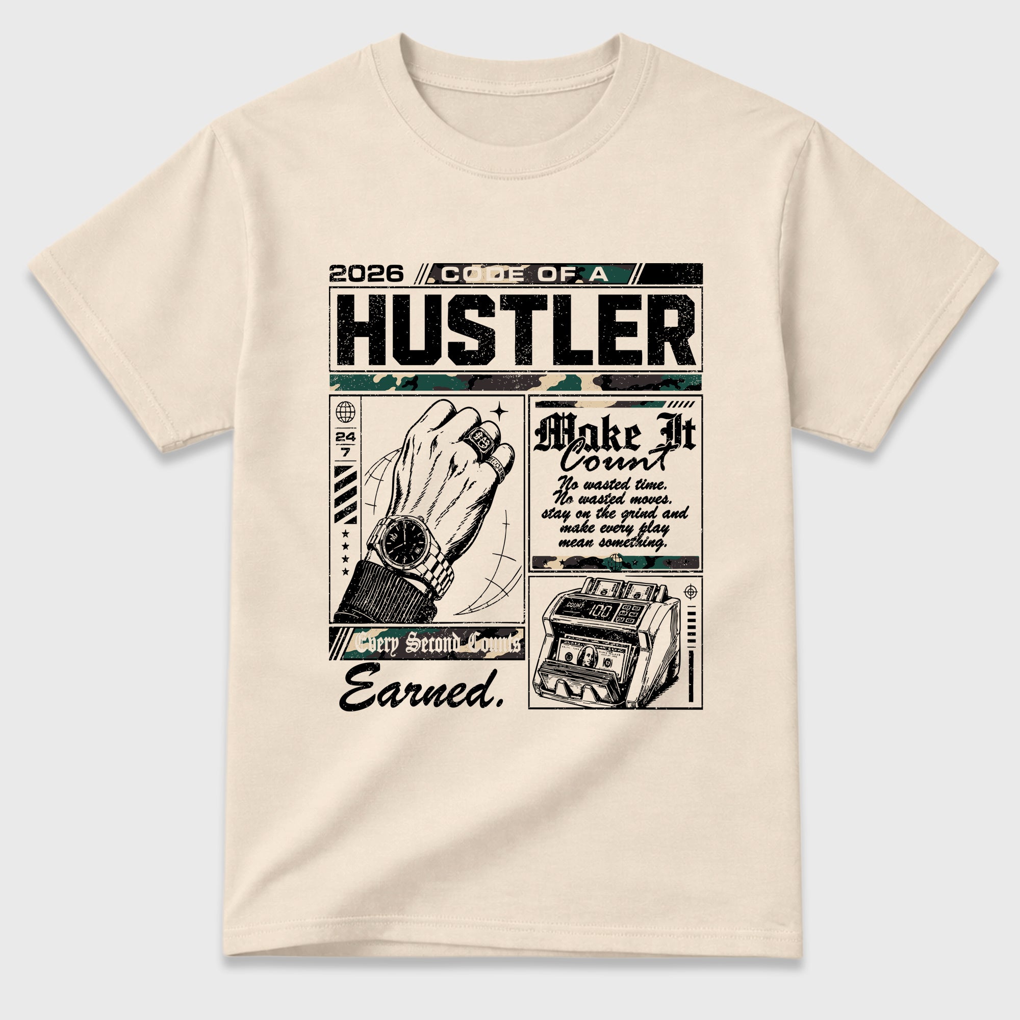 Code of a Hustler Graphic T-Shirt featuring original streetwear artwork designed to match the Air Foamposite Pro Green Camo. Natural 2 Graphic T-Shirt.