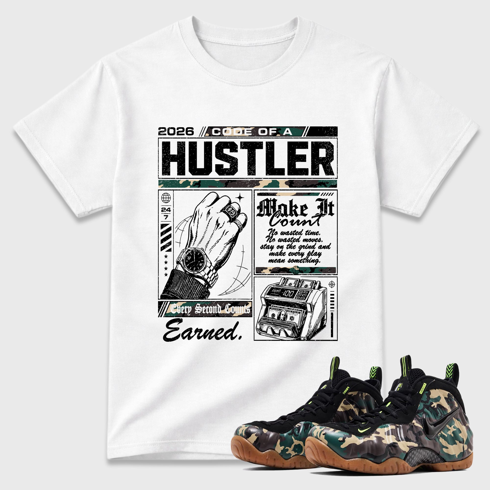 Code of a Hustler Graphic T-Shirt featuring original streetwear artwork designed to match the Air Foamposite Pro Green Camo. White 1 Graphic T-Shirt.