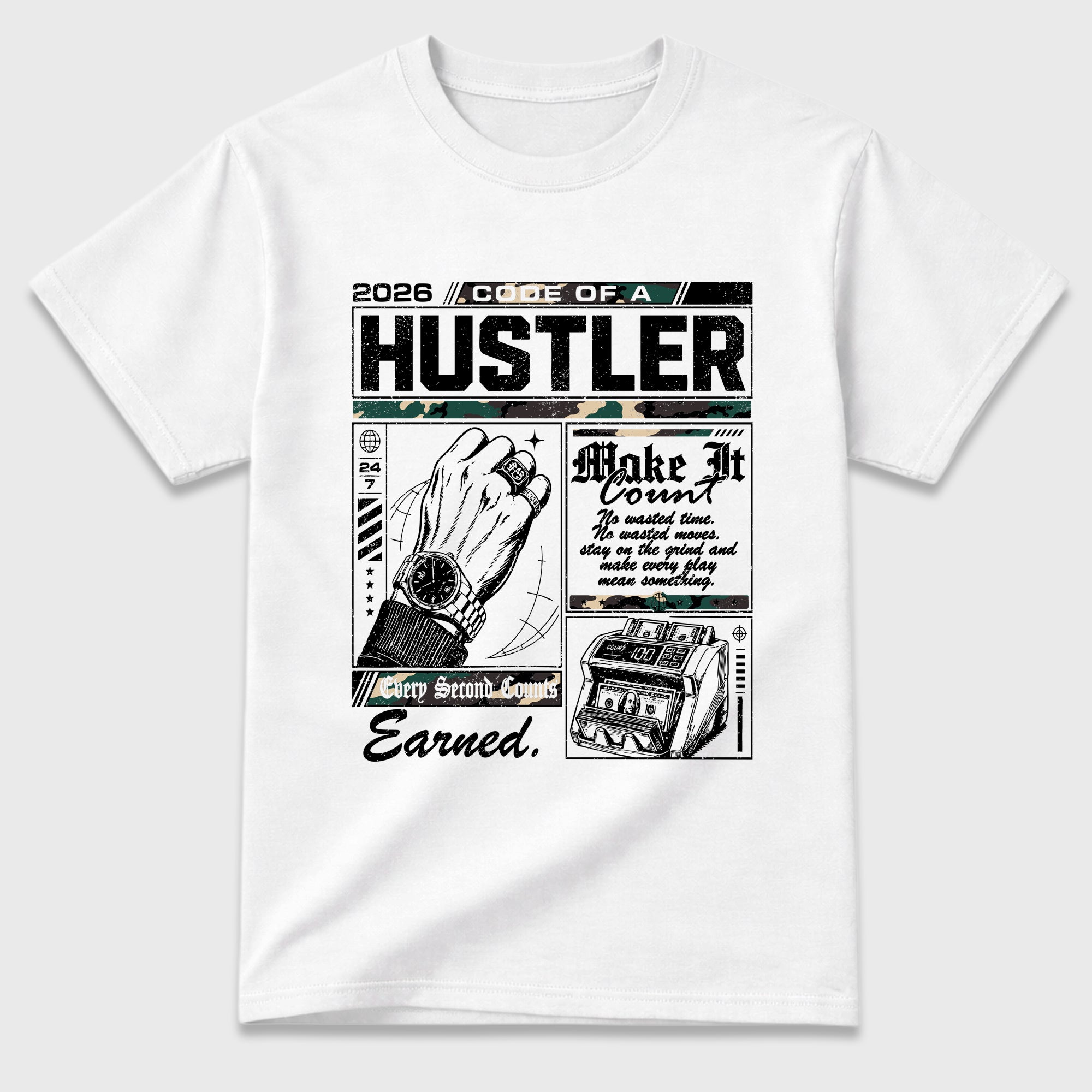 Code of a Hustler Graphic T-Shirt featuring original streetwear artwork designed to match the Air Foamposite Pro Green Camo. White 2 Graphic T-Shirt.