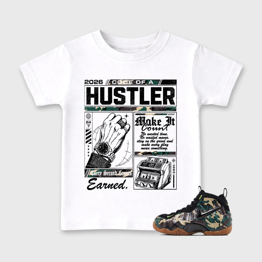 Code of a Hustler Baby & Kids Graphic T-Shirt featuring original artwork designed to match the Air Foamposite Pro Green Camo. White 1 Kids Graphic Tee.