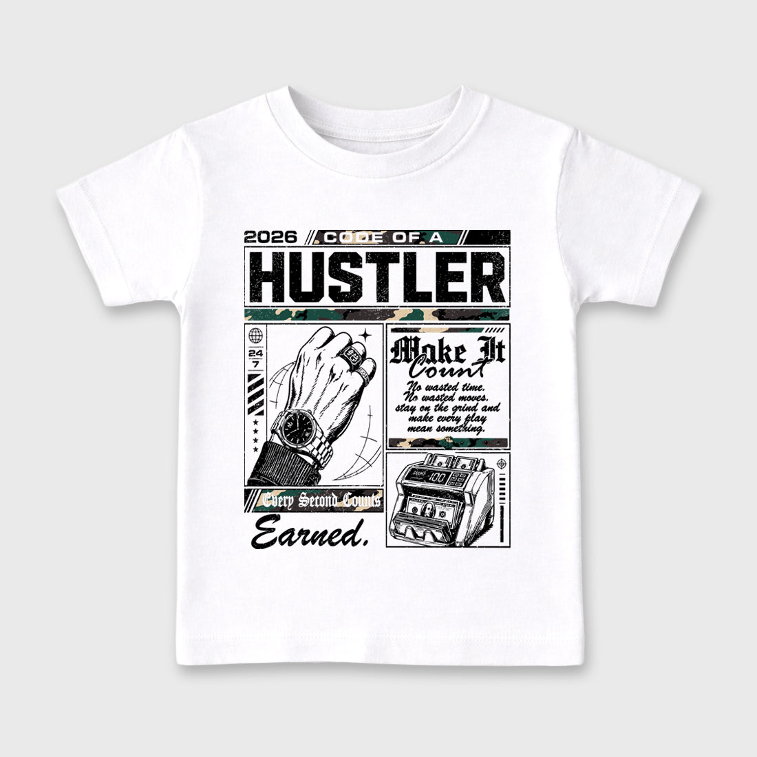Code of a Hustler Baby & Kids Graphic T-Shirt featuring original artwork designed to match the Air Foamposite Pro Green Camo. White 2 Kids Graphic Tee.