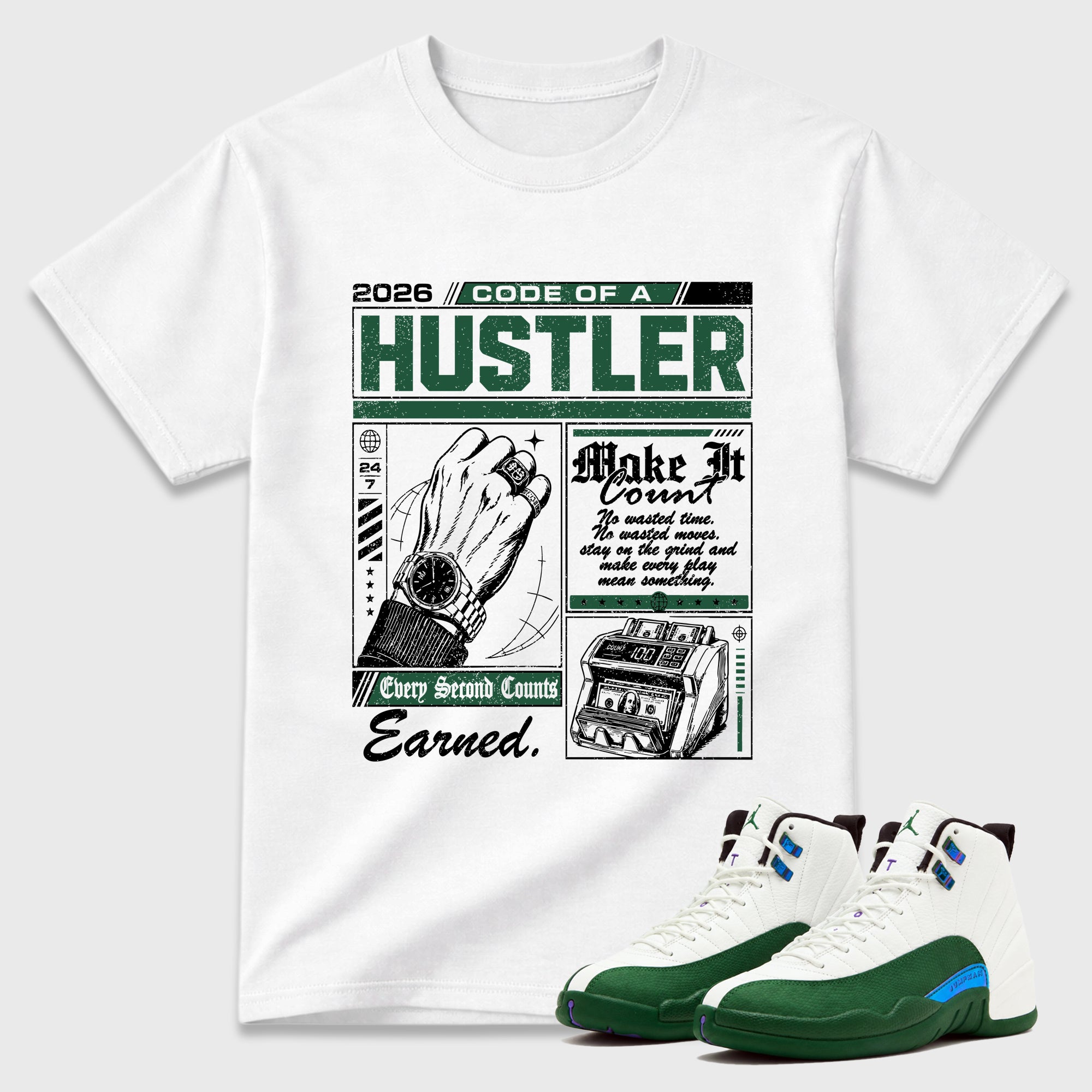 Code of a Hustler Graphic T-Shirt featuring original streetwear artwork designed to match the Air Jordan 12 Summit Green. White 1 Graphic T-Shirt.
