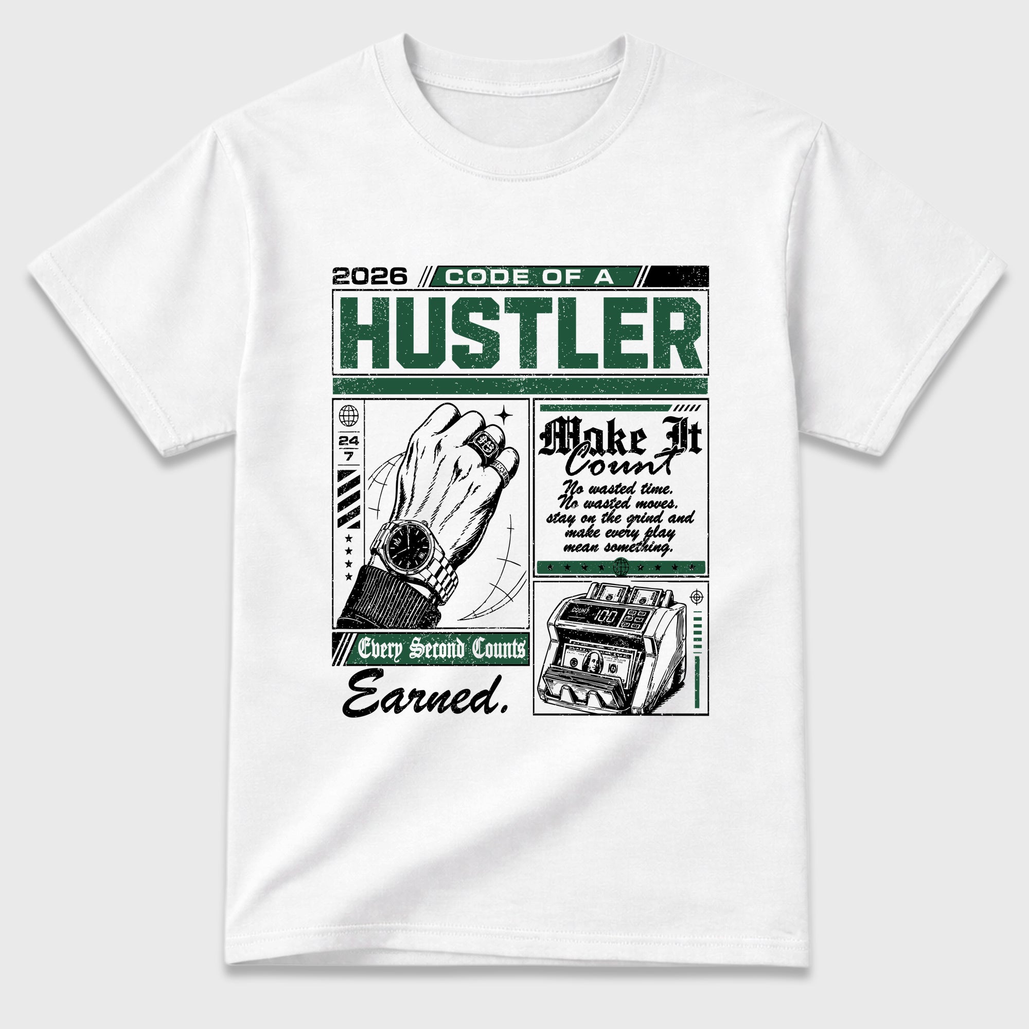 Code of a Hustler Graphic T-Shirt featuring original streetwear artwork designed to match the Air Jordan 12 Summit Green. White 2 Graphic T-Shirt.