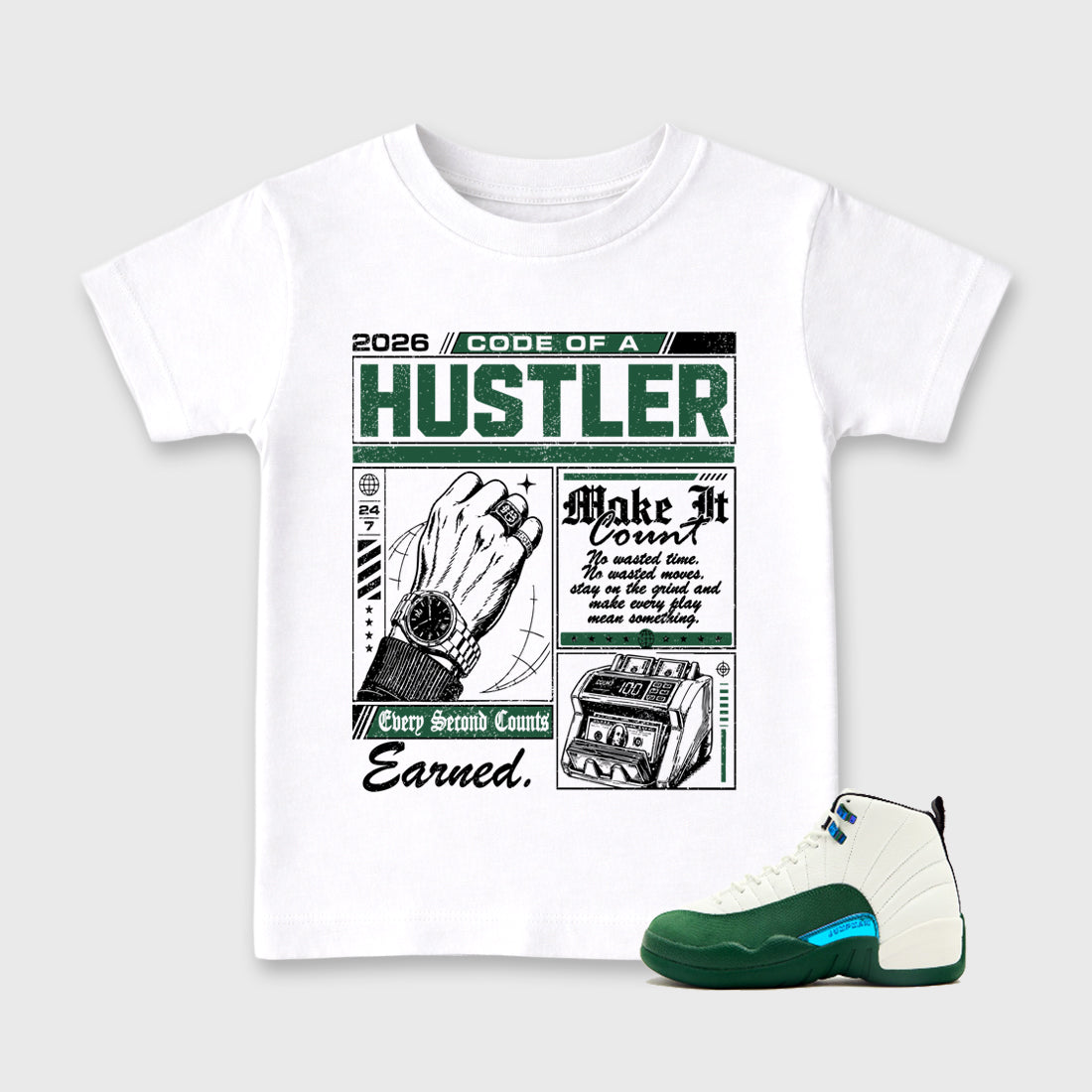 Code of a Hustler Baby & Kids Graphic T-Shirt featuring original artwork designed to match the Air Jordan 12 Summit Green. White 1 Kids Graphic Tee.